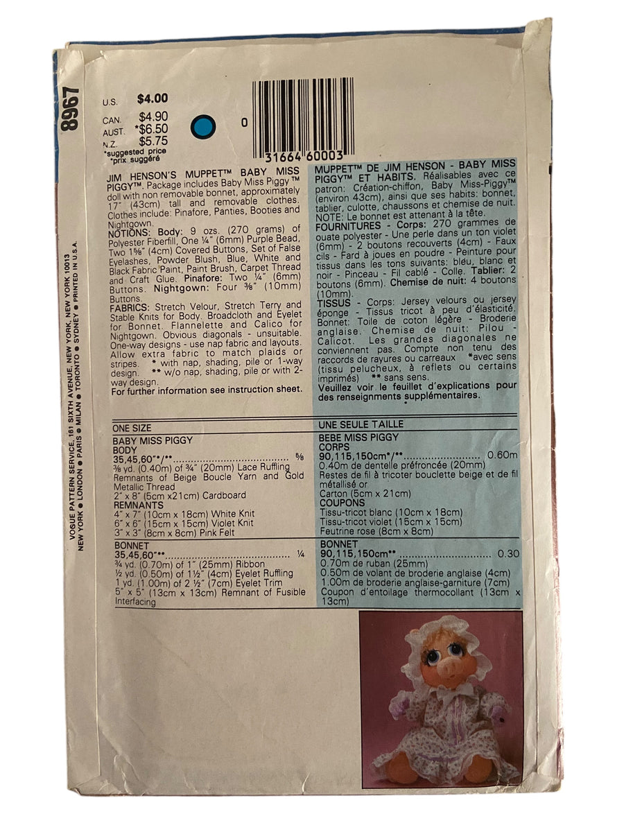 Vogue 8967 vintage 1990s Jim Henson’s Muppet Baby Miss Piggy sewing
