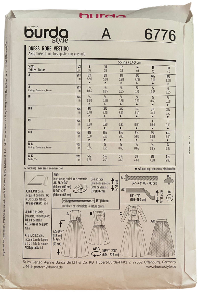 Burda Style 6776 evening or wedding dress sewing pattern All size