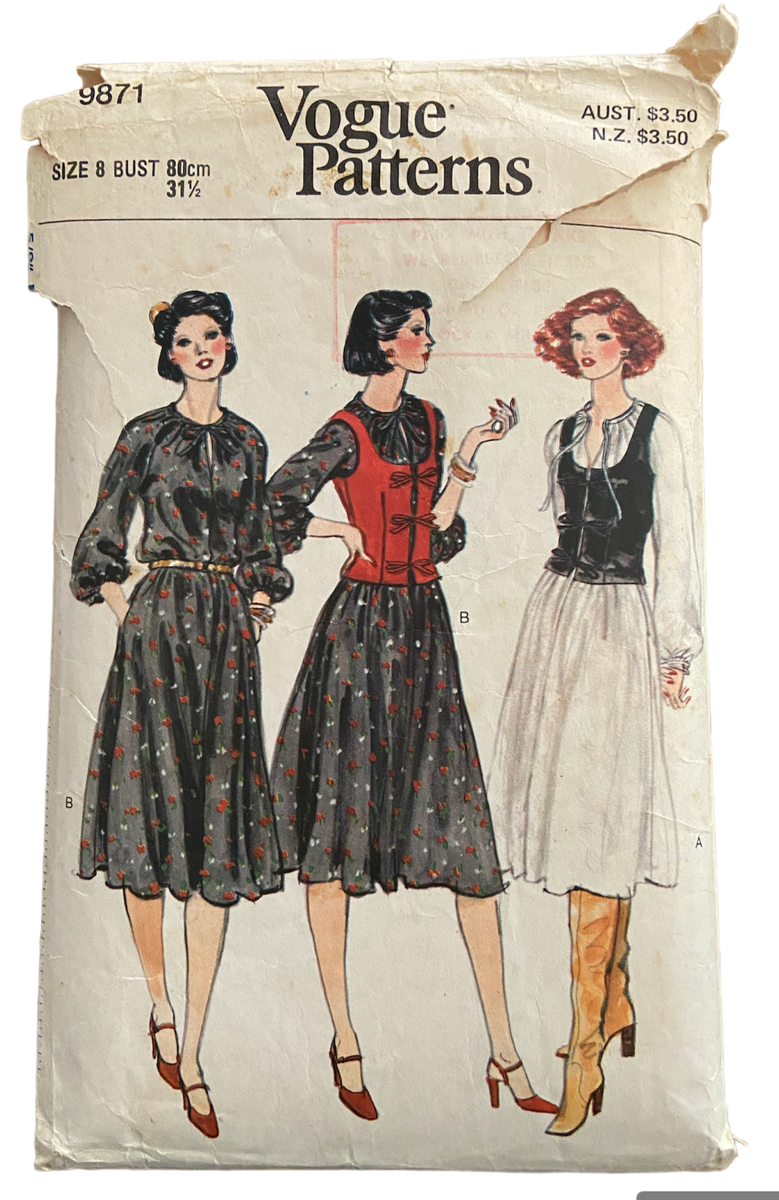 Vogue 9871 1970s Dress And Vest Sewing Pattern Bust 31 5 Inches The vogue-9871-1970s-dress-and-vest-sewing-pattern-bust-31-5-inches-the