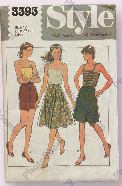 Style 3393 vintage 1980s top wrap skirt, culottes and shorts sewing pattern. Bust 34 inches