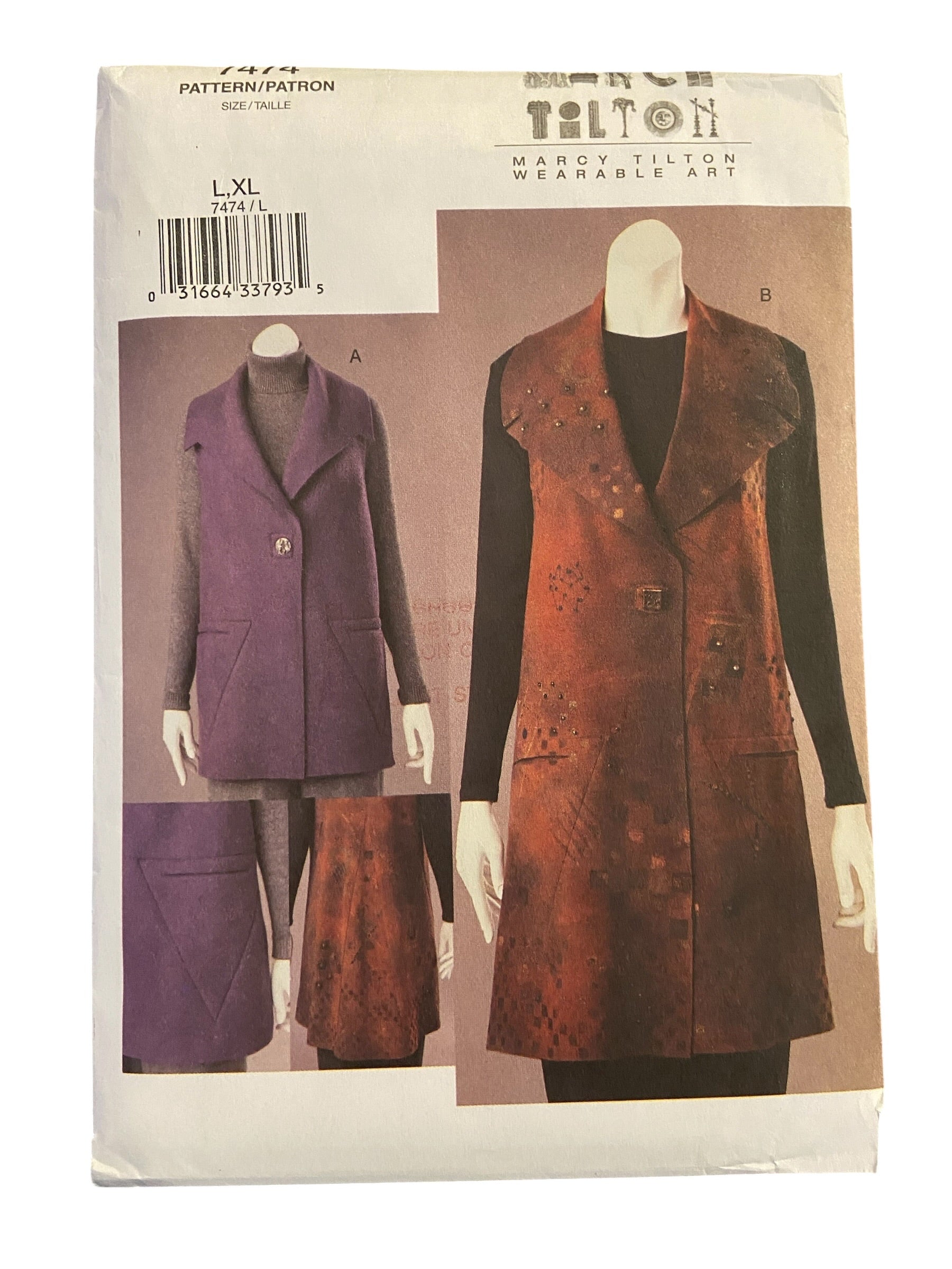 Vogue V7474 Marci Tilton Designer vest sewing pattern Bust 38, 40, 42, 44 inches
