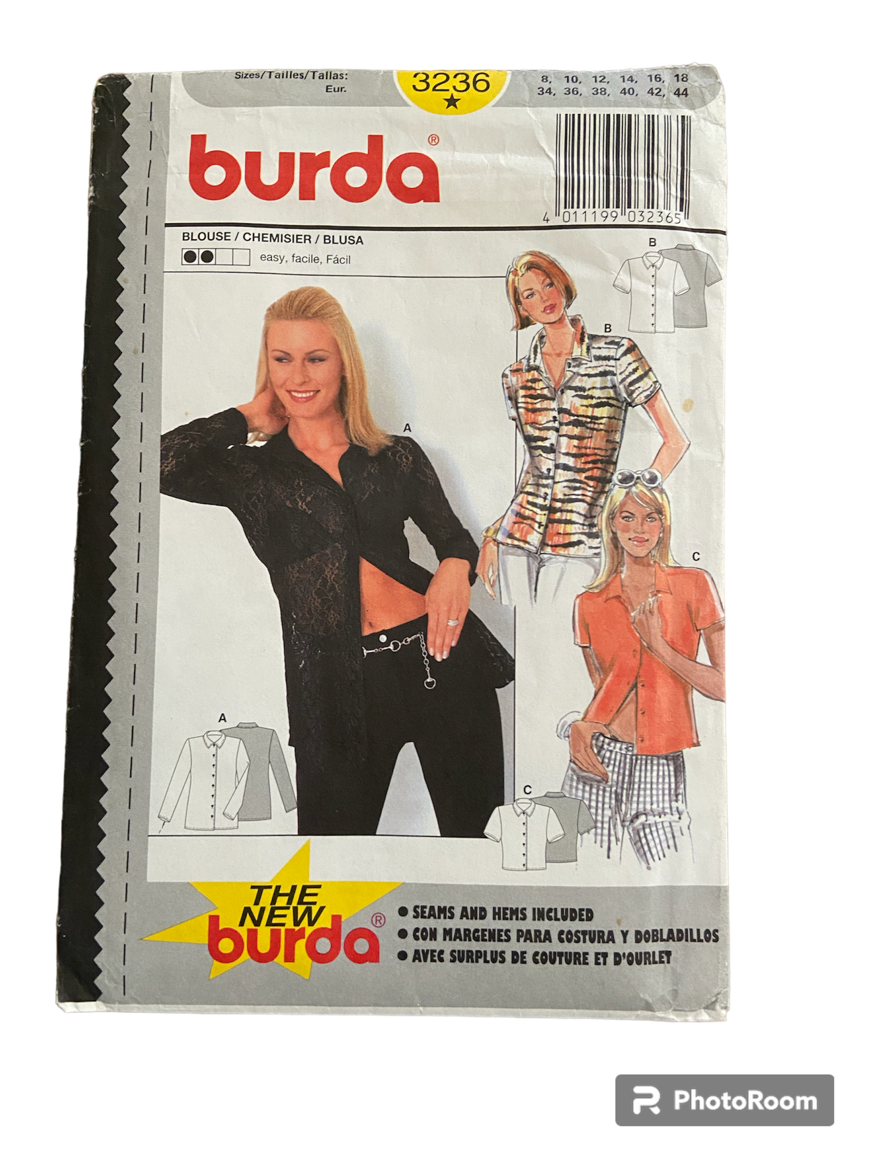Burda 3236 vintage 1990s blouses sewing pattern multisize