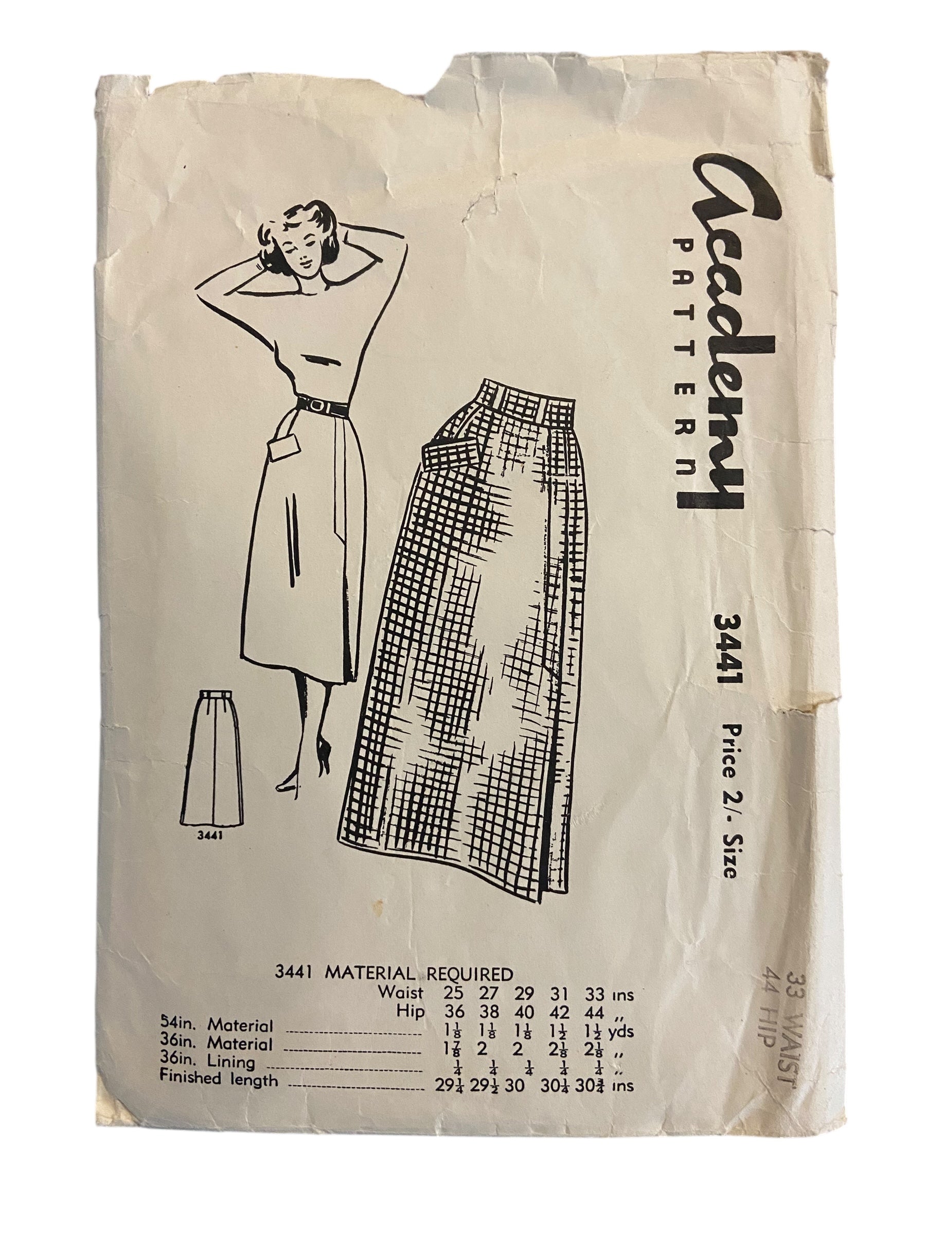 Academy 3441 vintage 1950s skirt sewing pattern. Waist 33 inches, hip 44 inches WOUNDED BARGAIN