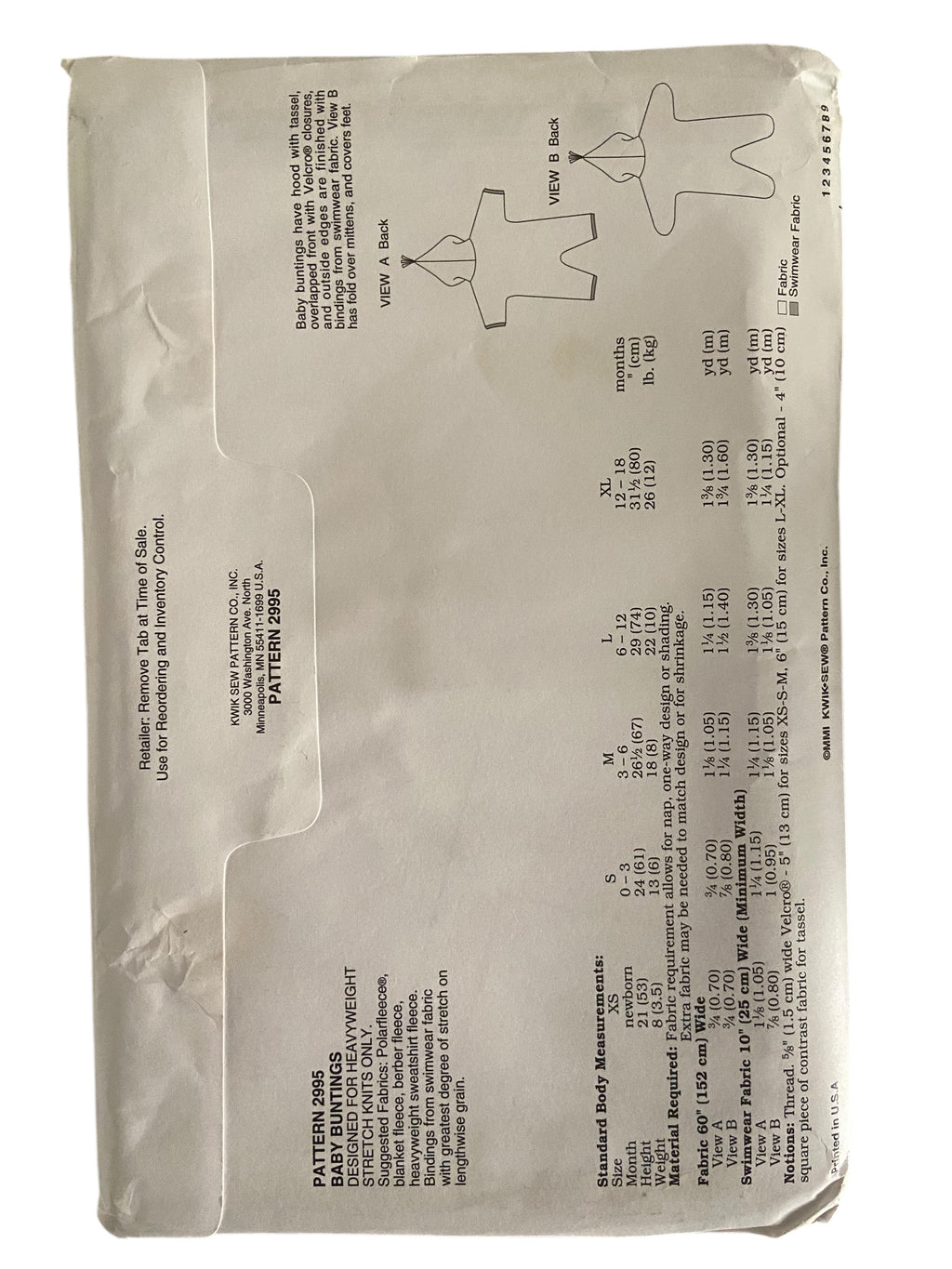Kwik Sew 2995 Baby Buntings  sewing pattern. Size newborn to 12 months