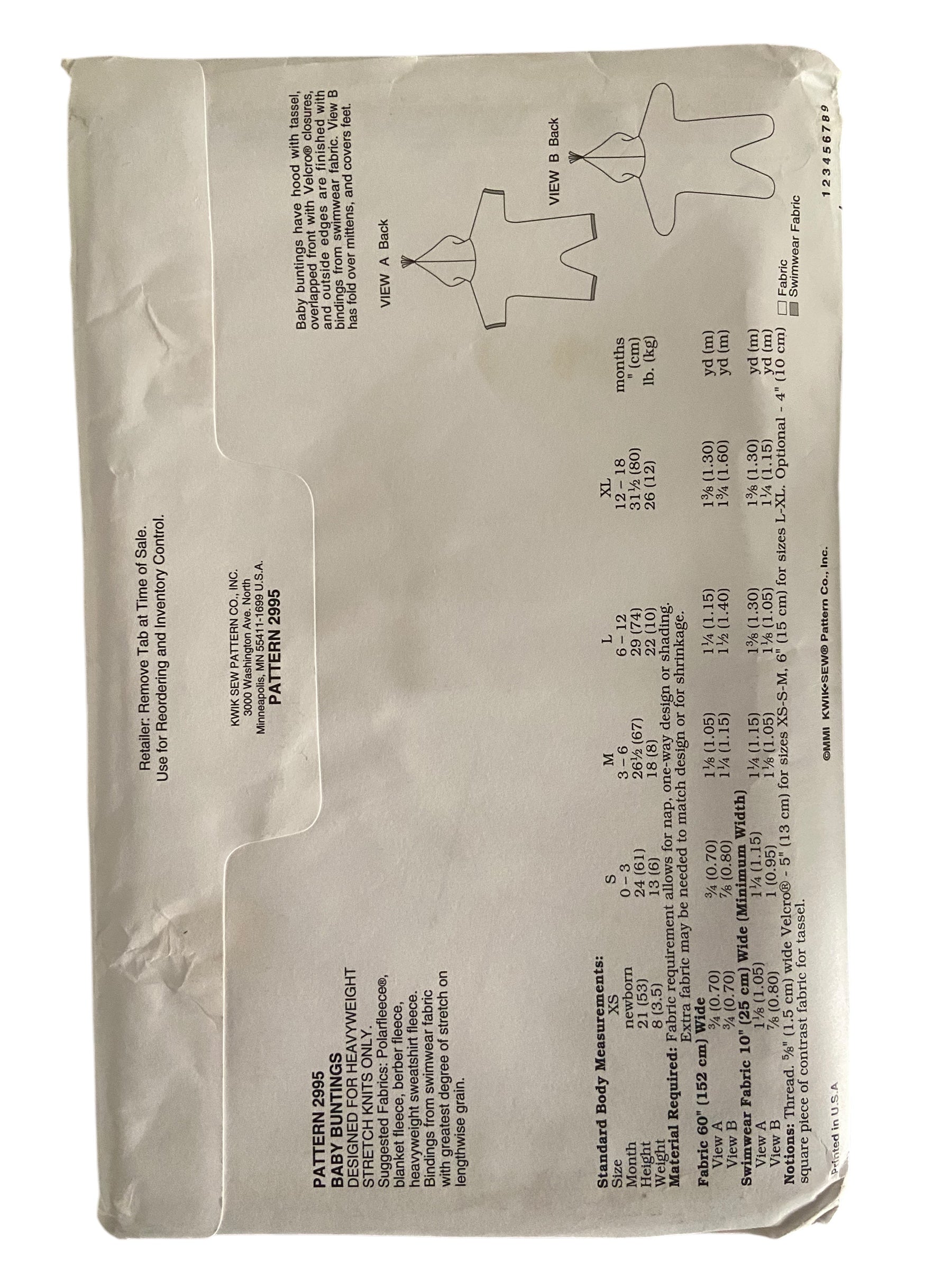 Kwik Sew 2995 Baby Buntings  sewing pattern. Size newborn to 12 months