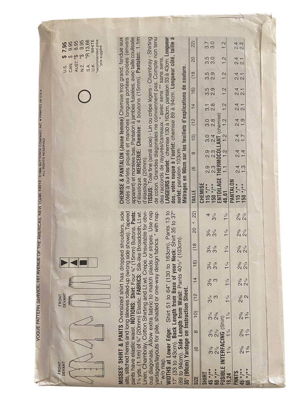 Vogue 8967 vintage 1990s shirt and pants sewing pattern. Bust 34, 36, 38 inches