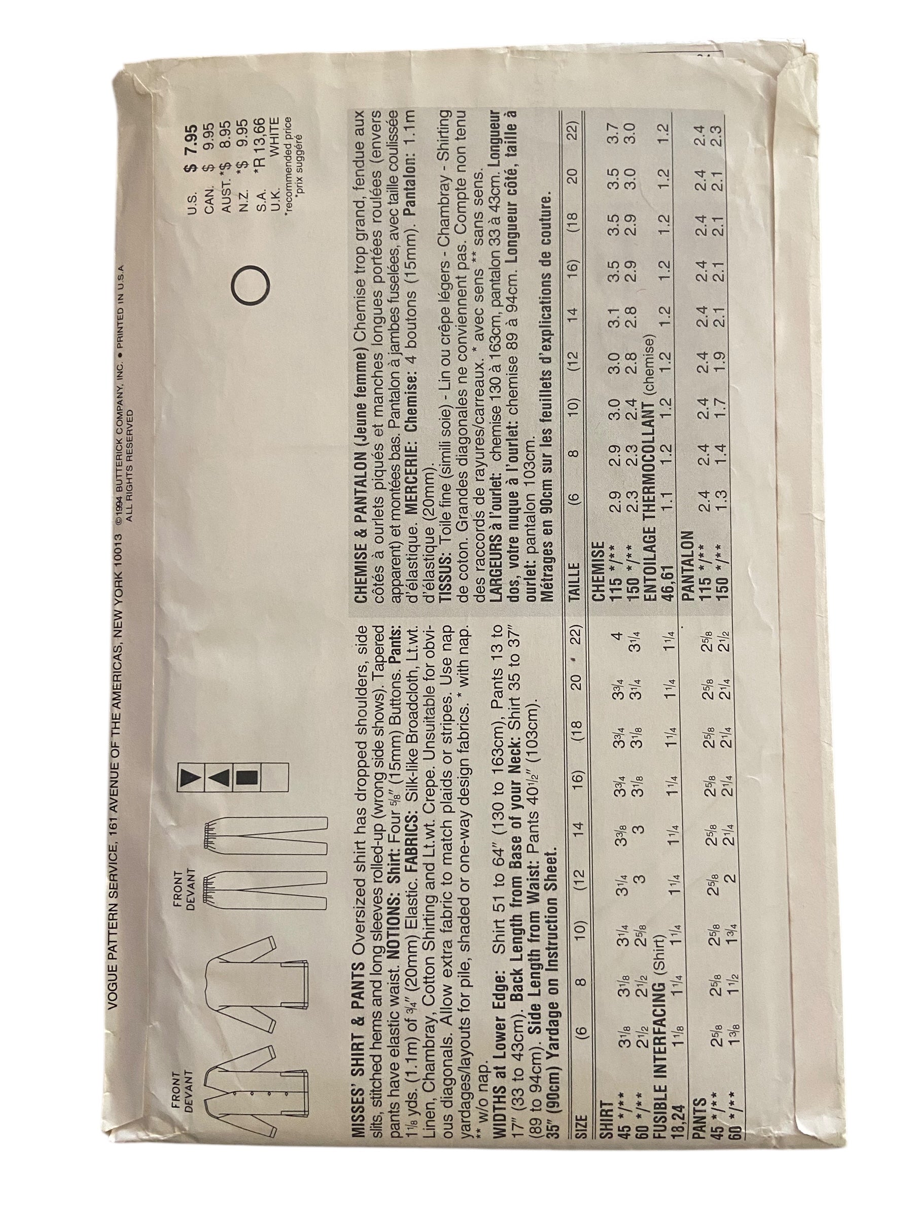 Vogue 8967 vintage 1990s shirt and pants sewing pattern. Bust 34, 36, 38 inches