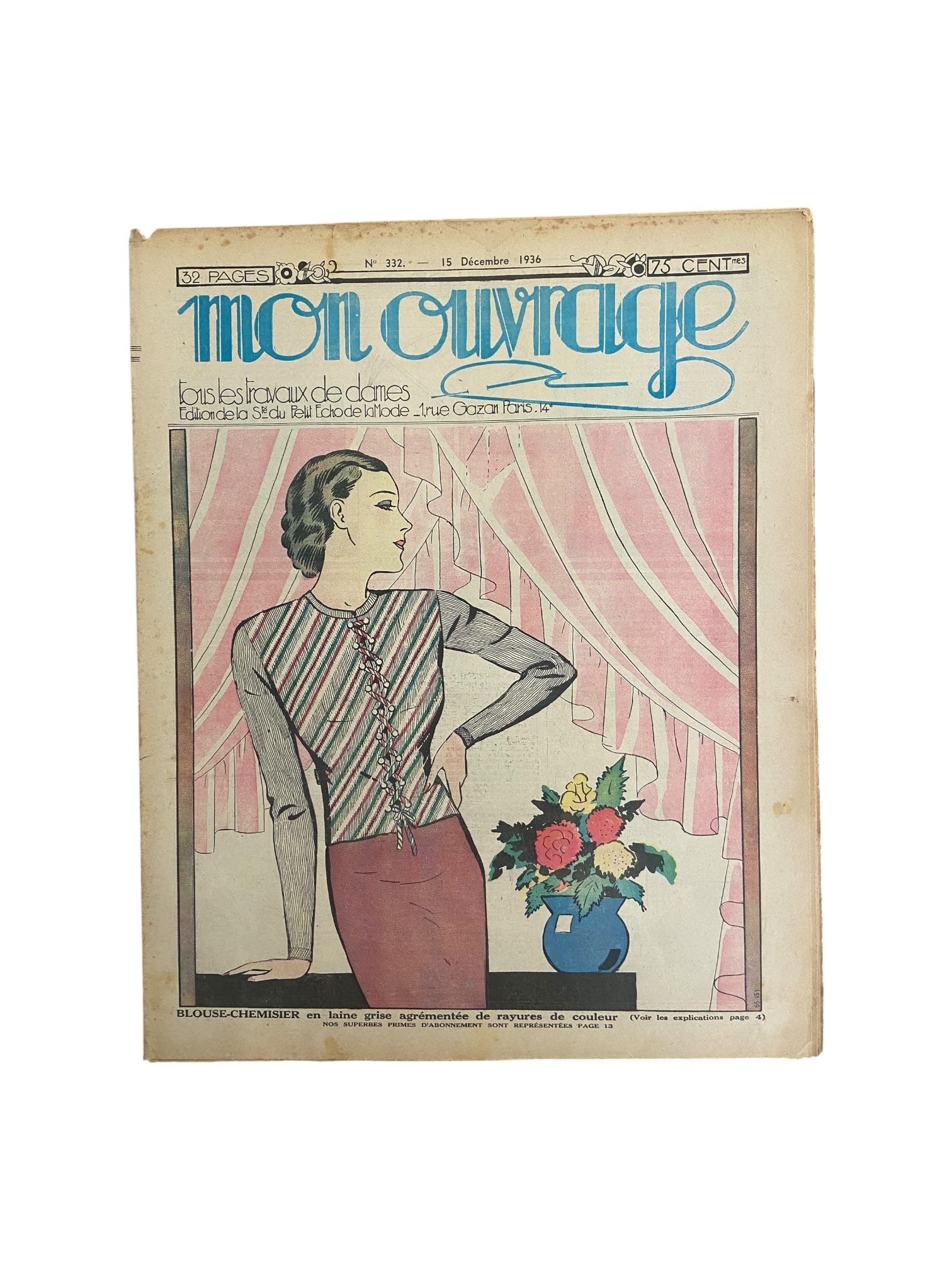 Mon Ouvrage 15 Decembre 1936 vintage French craft magazine with knitting pattern for the cardigan on the cover