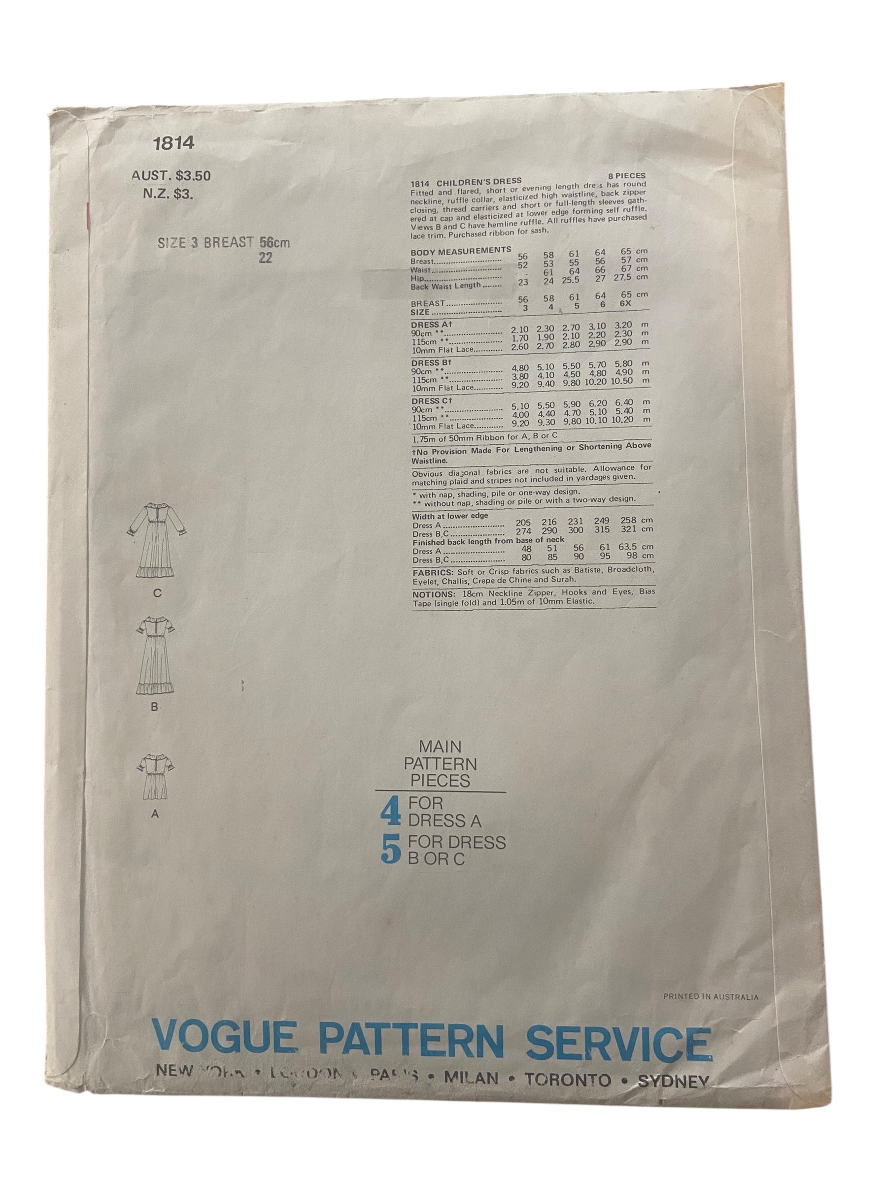 Vogue 1814 Very Easy Little Vogue vintage 1970s child's dress pattern. Size 3 breast 22 inches 56 cm