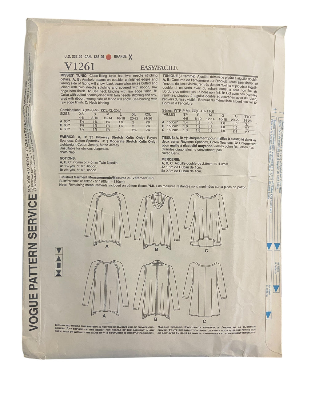 Vogue v1261 vintage 2000s alice + olivia tunic sewing pattern. Bust 29.5, 30.5,31.5, 32.5, 34, 36 inches