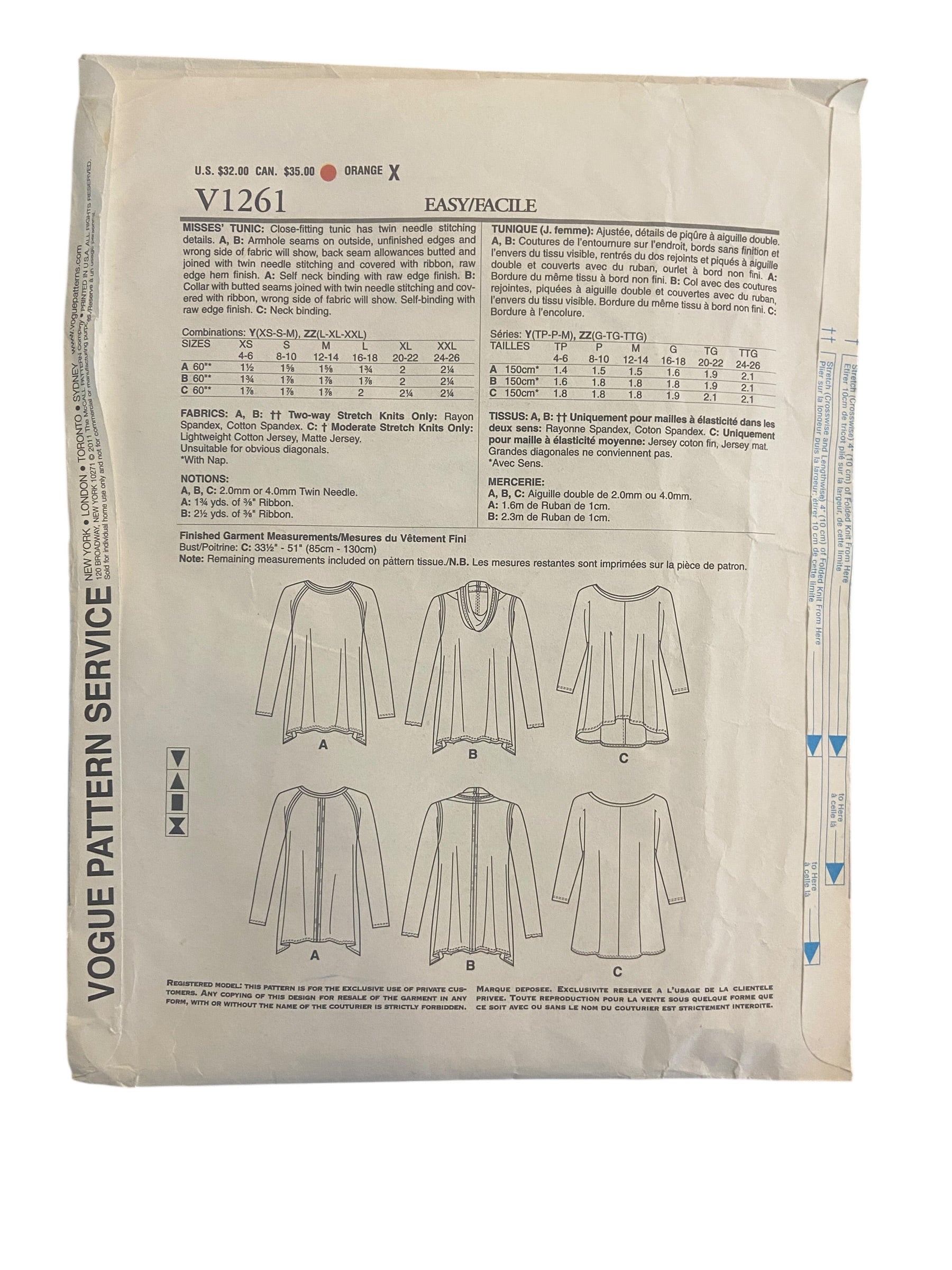 Vogue v1261 vintage 2000s alice + olivia tunic sewing pattern. Bust 29.5, 30.5,31.5, 32.5, 34, 36 inches