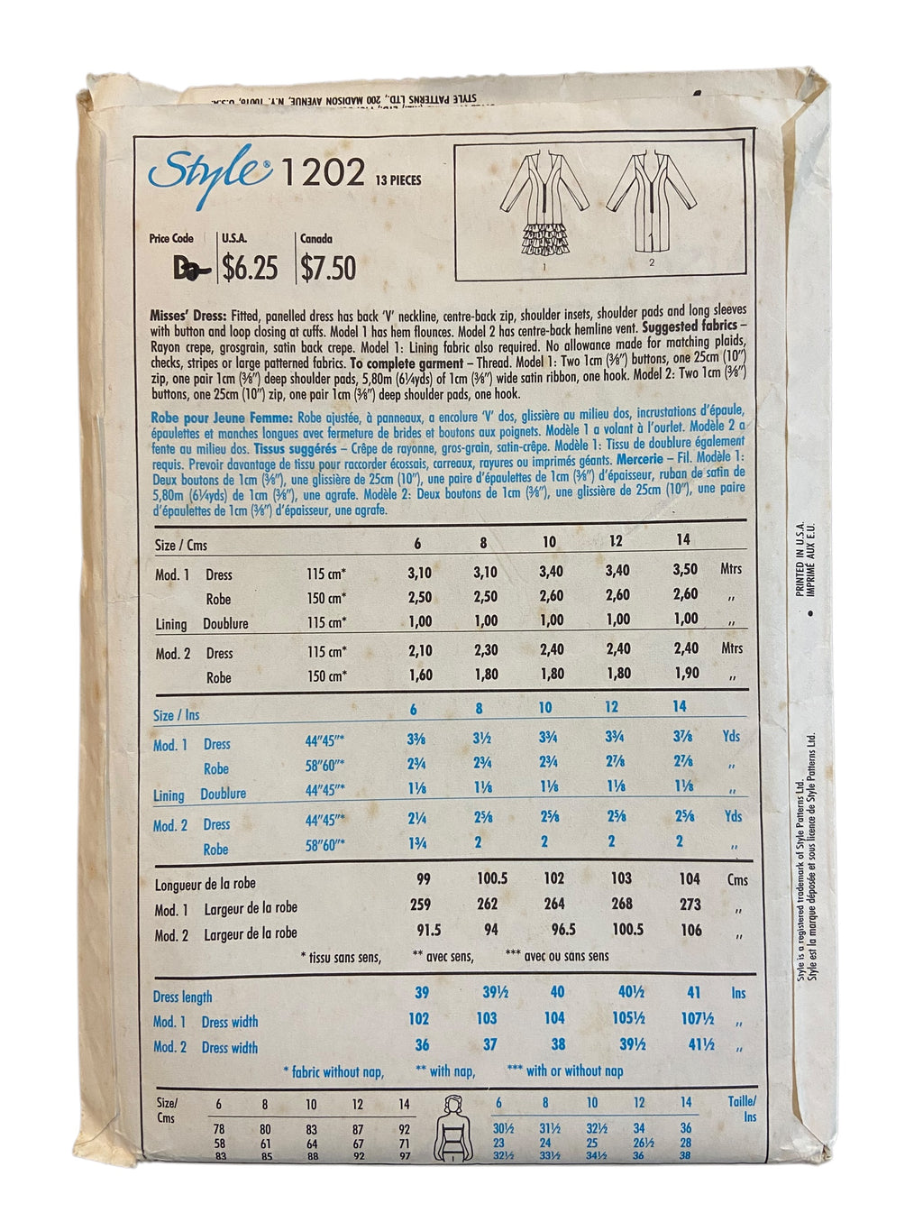Style 1202 Ozbek vintage 1980s dress sewing pattern. Bust 31.5 inches