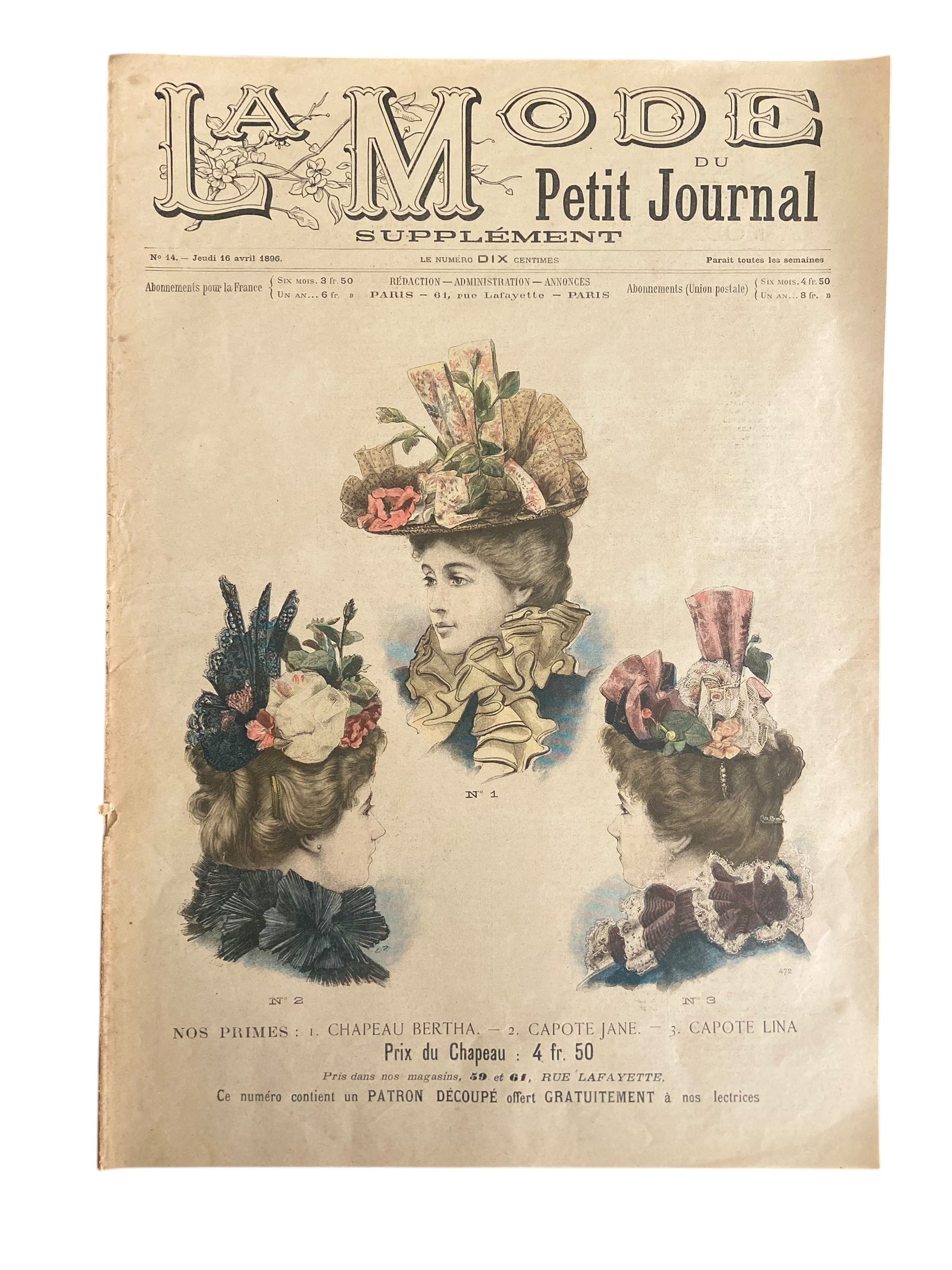 La Mode du Petit Journal 16 Avril 1896 French women’s magazine with a sewing pattern for a camisole included