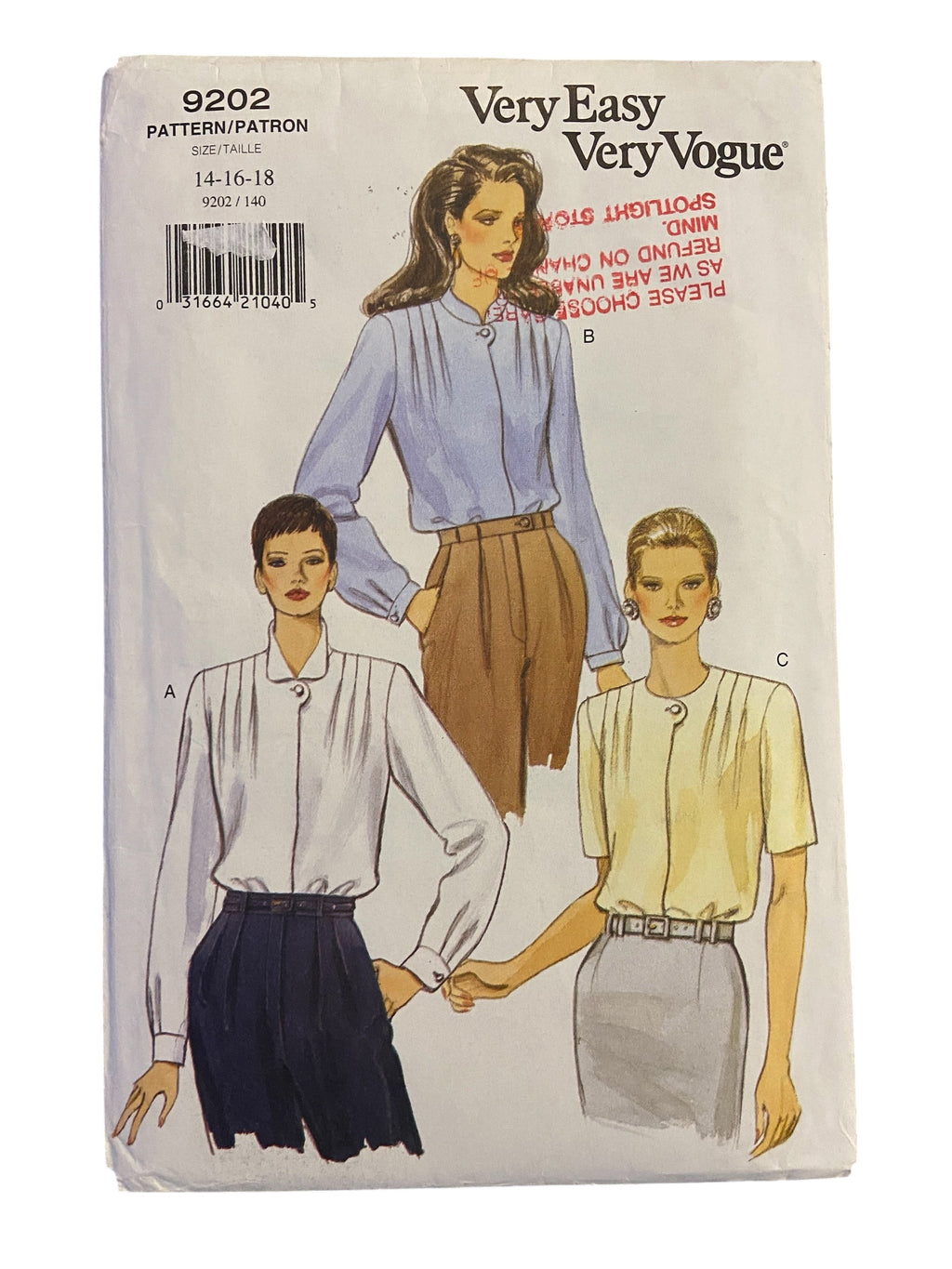 Vogue 9202 vintage 1990s very easy very vogue blouses sewing pattern. Bust 36, 38, 40 inches