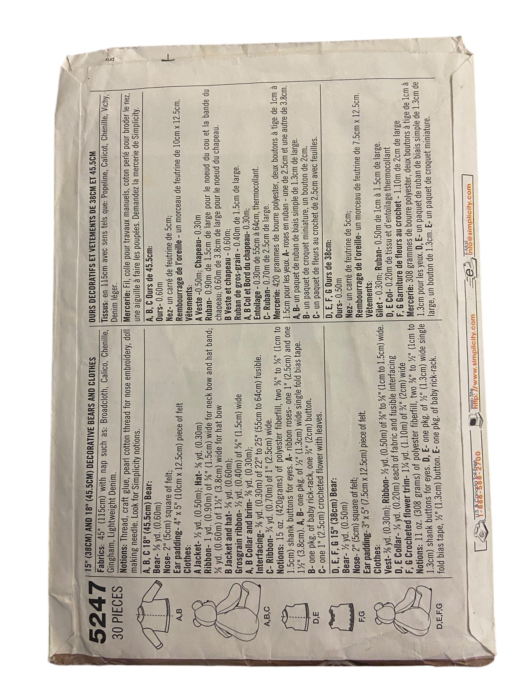 Simplicity crafts 5247 vintage 2000s 15 inch and 18 inch decorative bears and clothes sewing pattern.