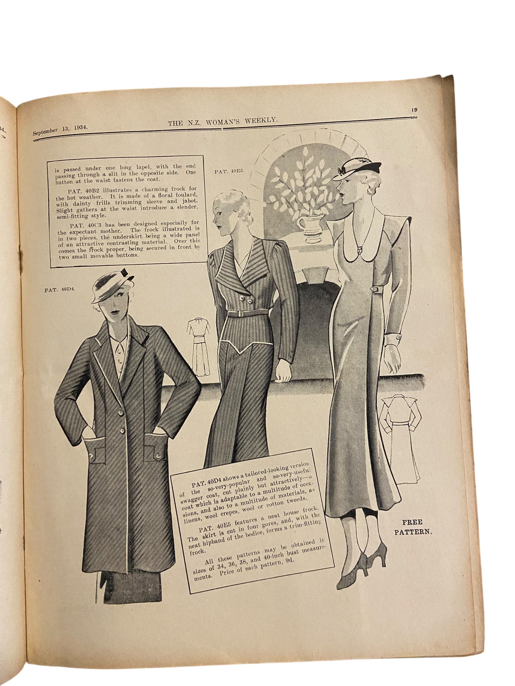 New Zealand Woman’s Weekly September 13 1934 with a sewing pattern, unused, factory folded, ladies maternity frock (attractive and simple maternity frock), bust 36 inches