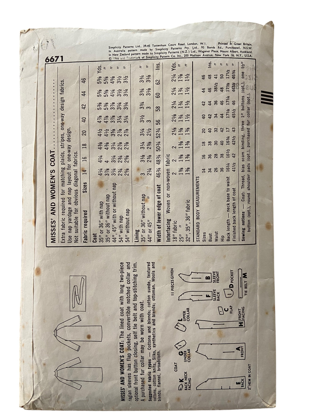 Simplicity 6671 vintage 1960s coat sewing pattern  Bust 36 inches