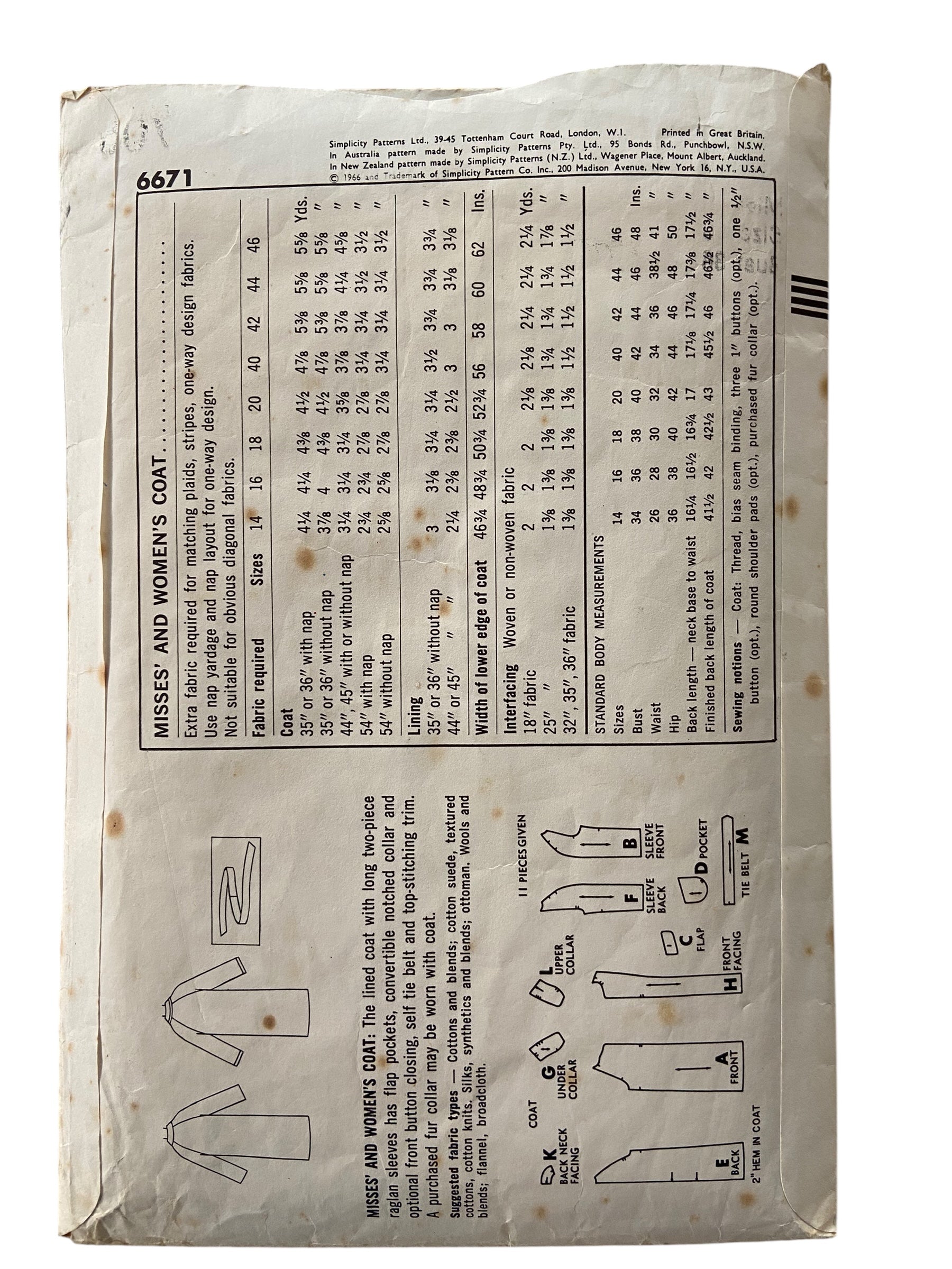 Simplicity 6671 vintage 1960s coat sewing pattern  Bust 36 inches