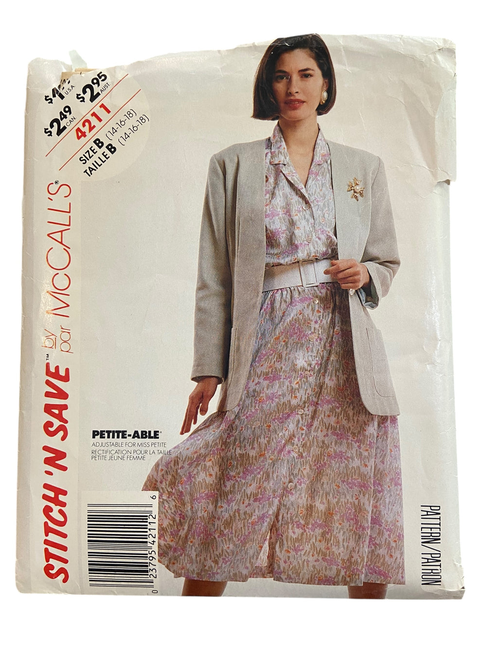 McCall’s 4211 vintage 1980s jacket and dress sewing pattern. Bust 36, 38, 40 inches.