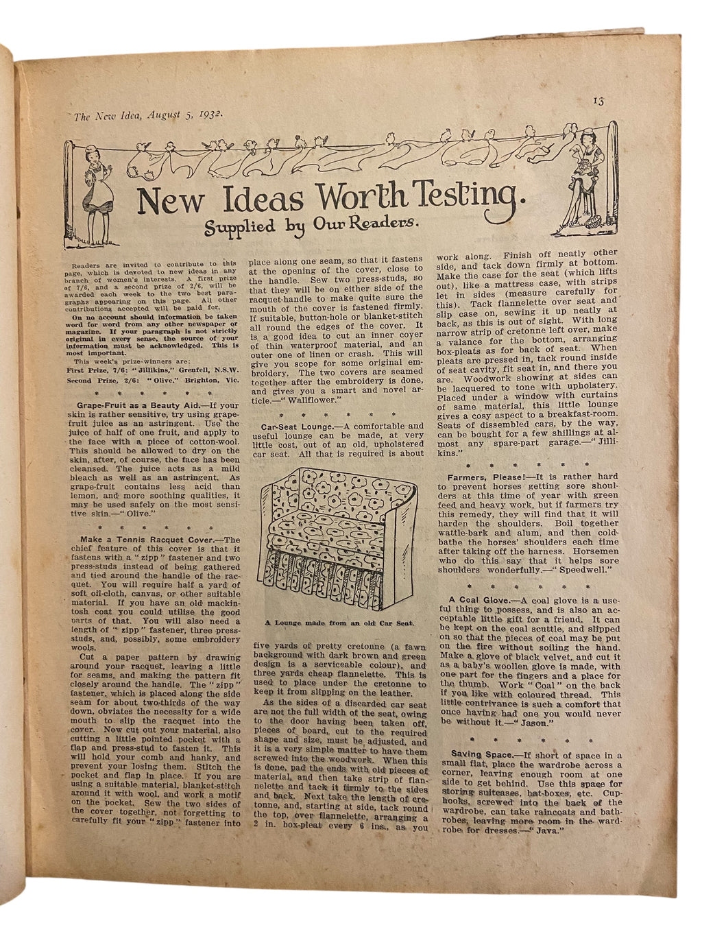 The New Idea Magazine . A weekly paper for Australian and New Zealand Women. August 5 1932 with sewing pattern unused, factory folded, lady’s frock. Bust 32 inches.