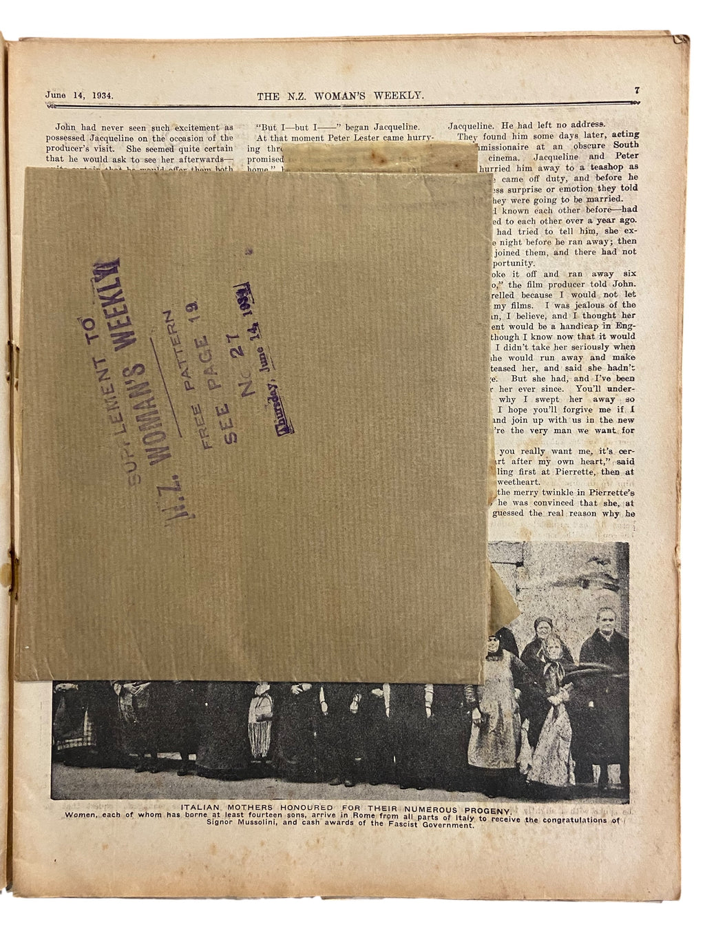 New Zealand Woman’s Weekly June 14 1934 with a sewing pattern, unused, factory folded, ladies frock (an attractive frock for the matronly figure), bust 36 inches