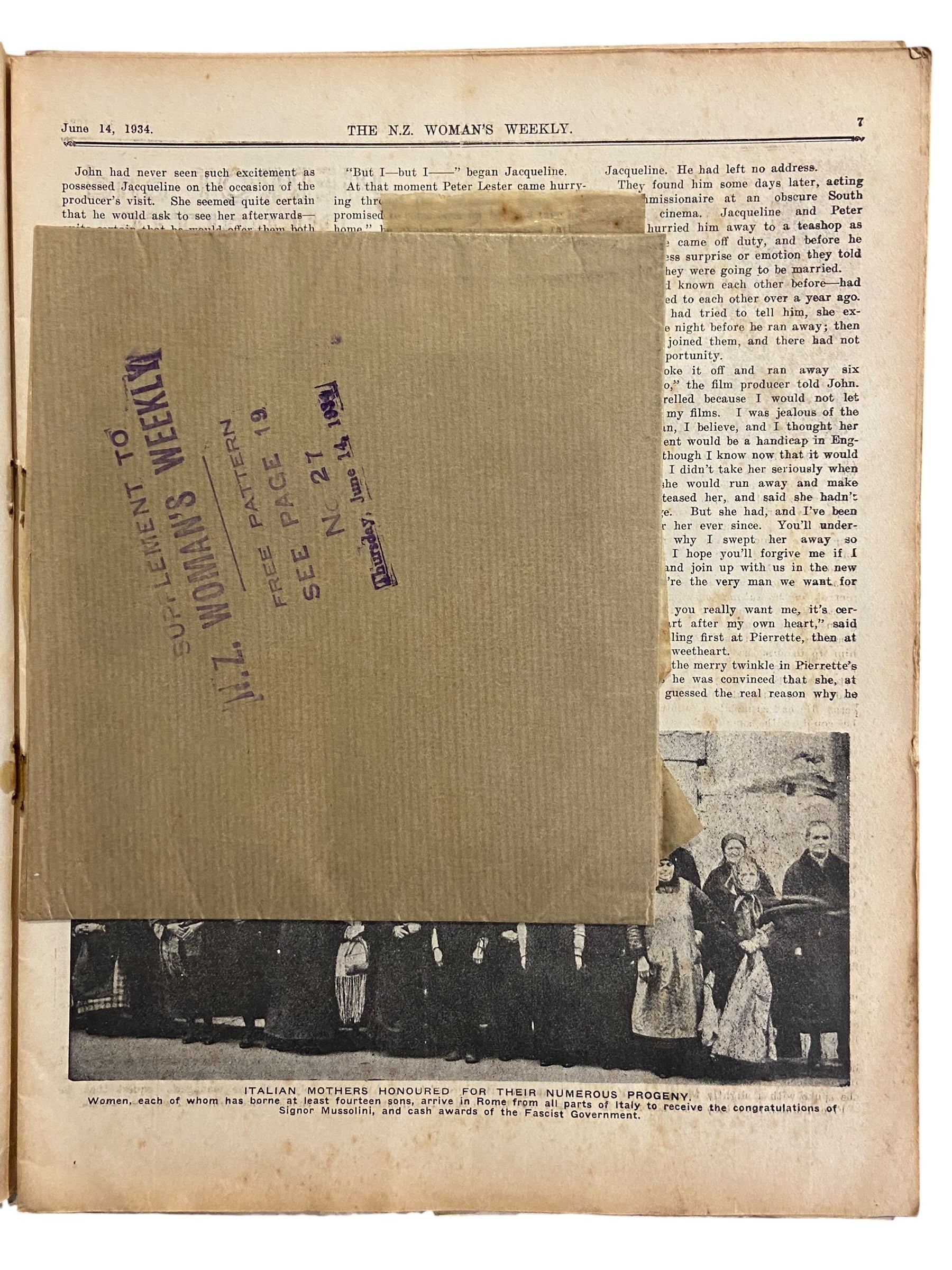 New Zealand Woman’s Weekly June 14 1934 with a sewing pattern, unused, factory folded, ladies frock (an attractive frock for the matronly figure), bust 36 inches