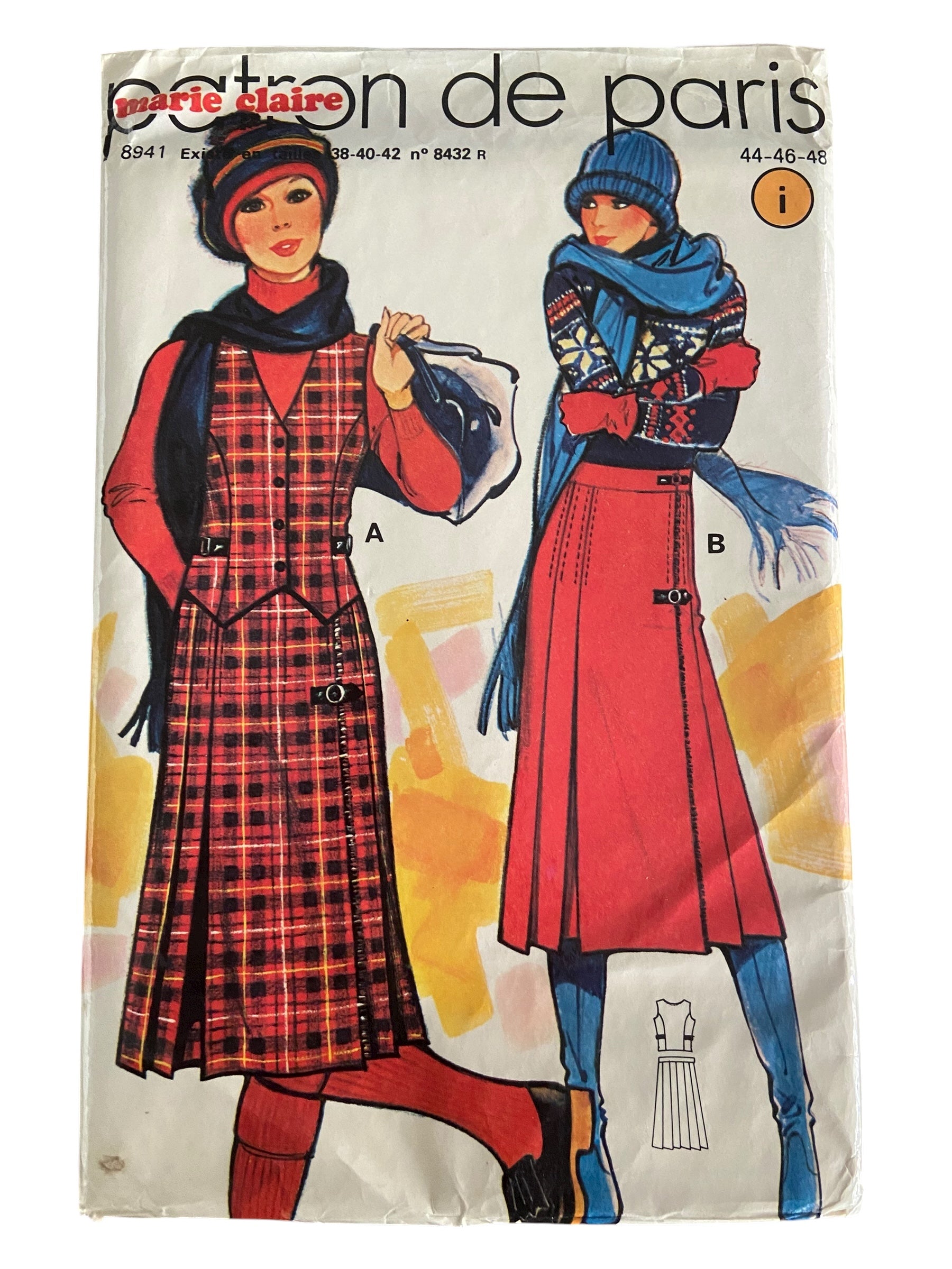 Marie Claire Patron de Paris 8941 vintage 1980s skirt and vest sewing pattern. FRENCH LANGUAGE INSTRUCTIONS. Bust 38, 40, 42 inches