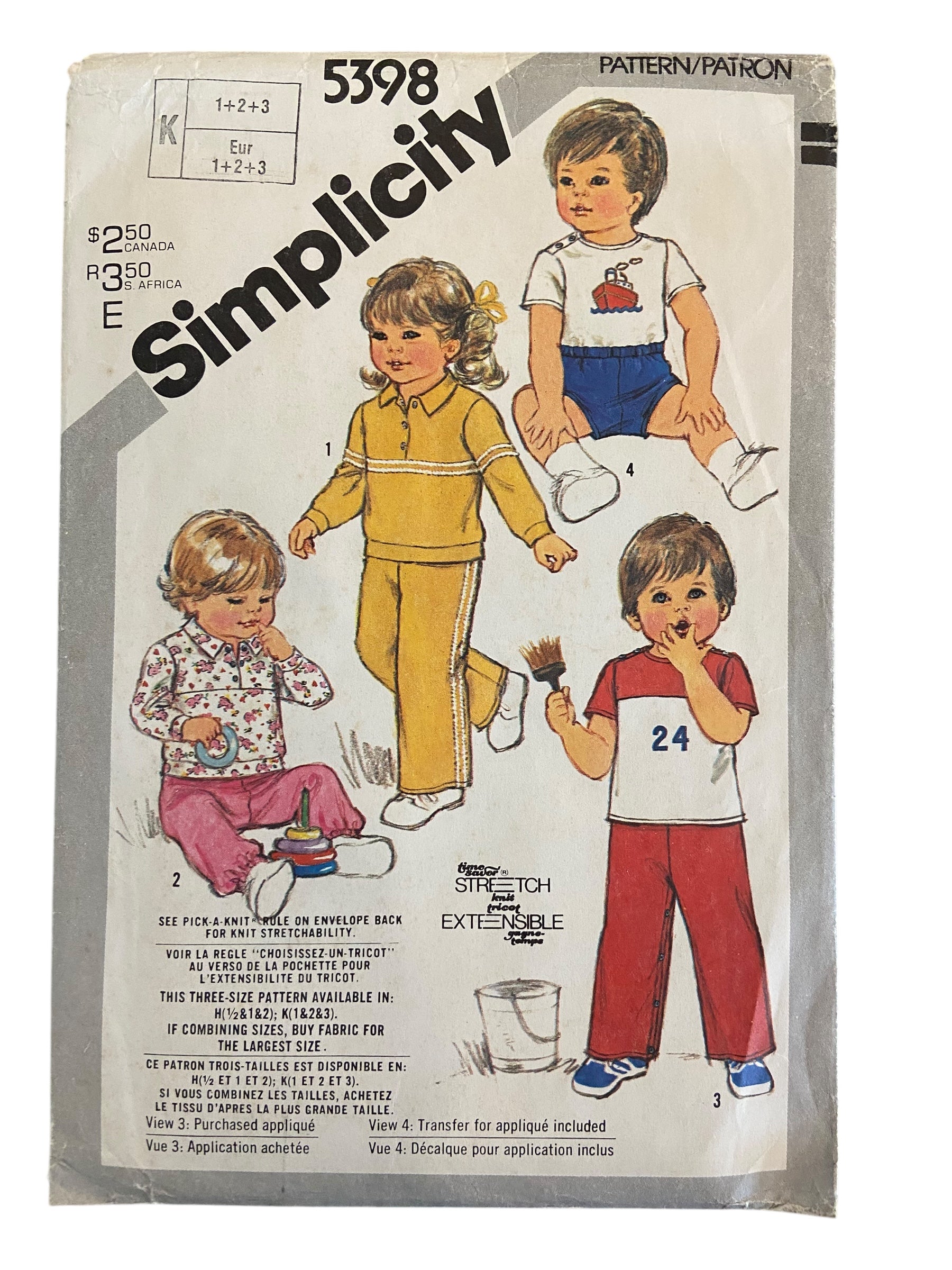 Simplicity 5398 vintage 1970s toddler’s STRETCH top, pants or shorts sewing pattern size for 1, 2 and 3 year olds