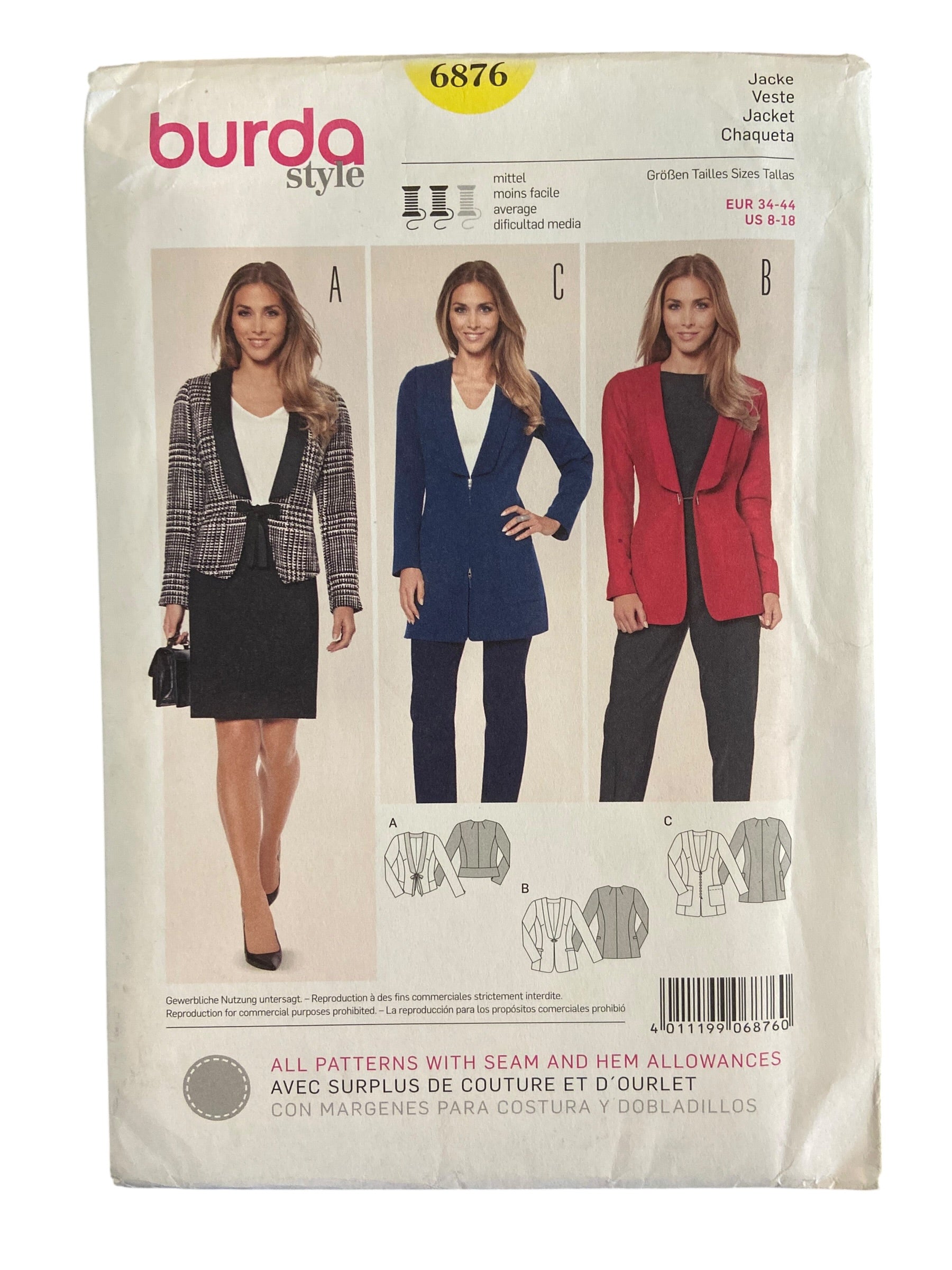 Burda style 6876 jacket sewing pattern. Sizes US 8-18