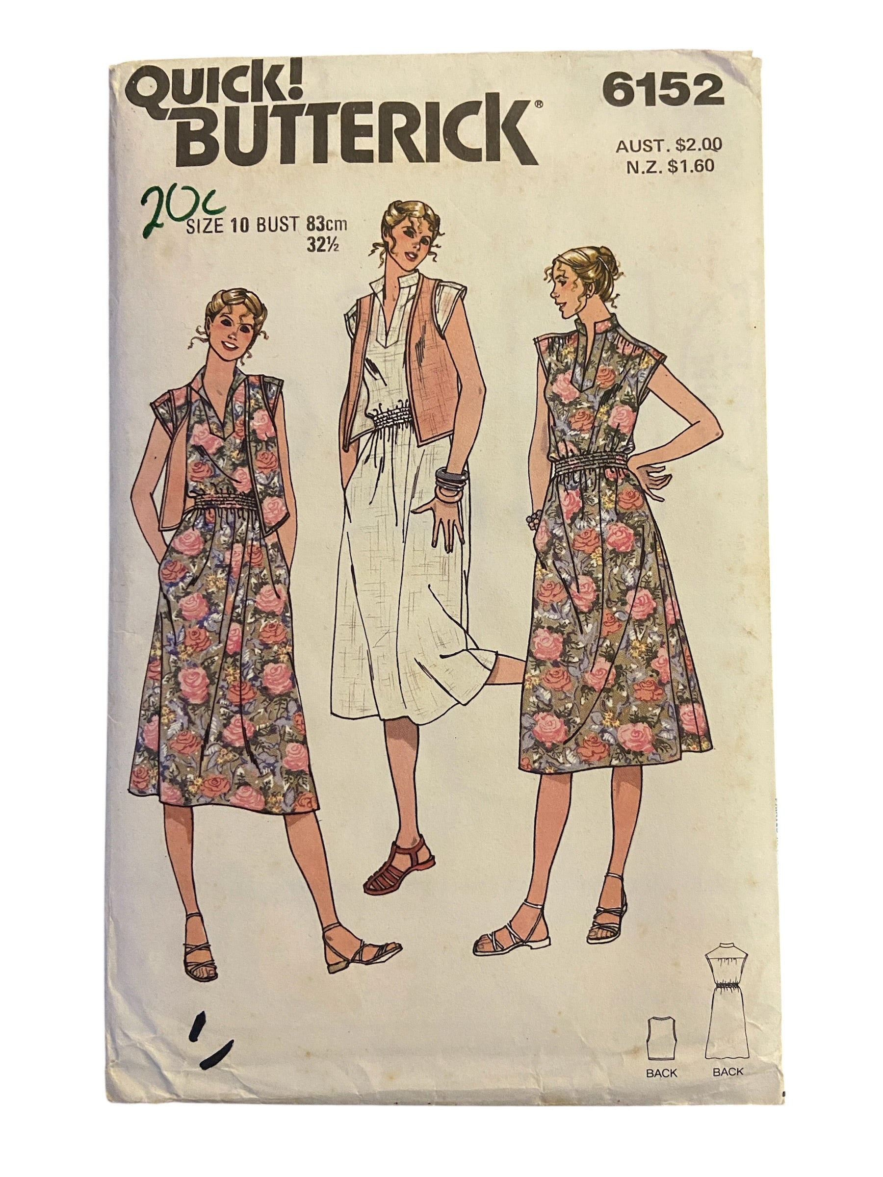 Butterick 6152 vintage 1980s dress and vest sewing pattern. Bust 32.5 inches