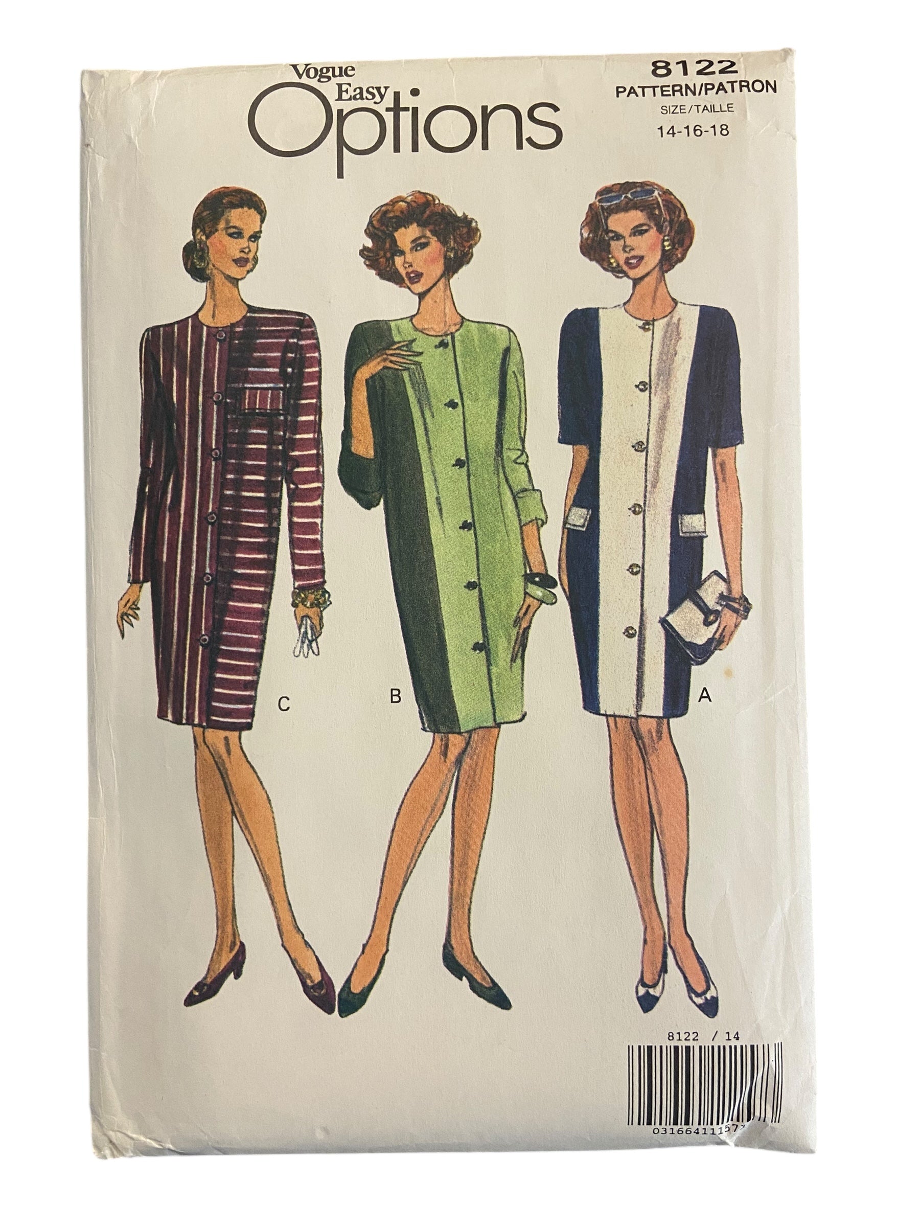 Vogue Easy Options 8122 vintage 1990s dress sewing pattern. Bust 36, 38, 40 inches