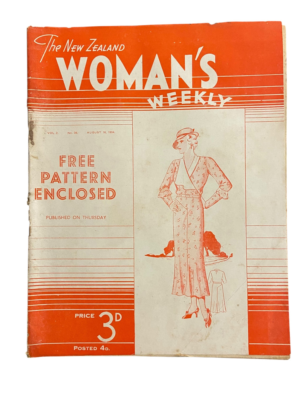 New Zealand Woman’s Weekly August 16 1934 with a sewing pattern, unused, factory folded, ladies frock (attractive frock for the matron), bust 36 inches