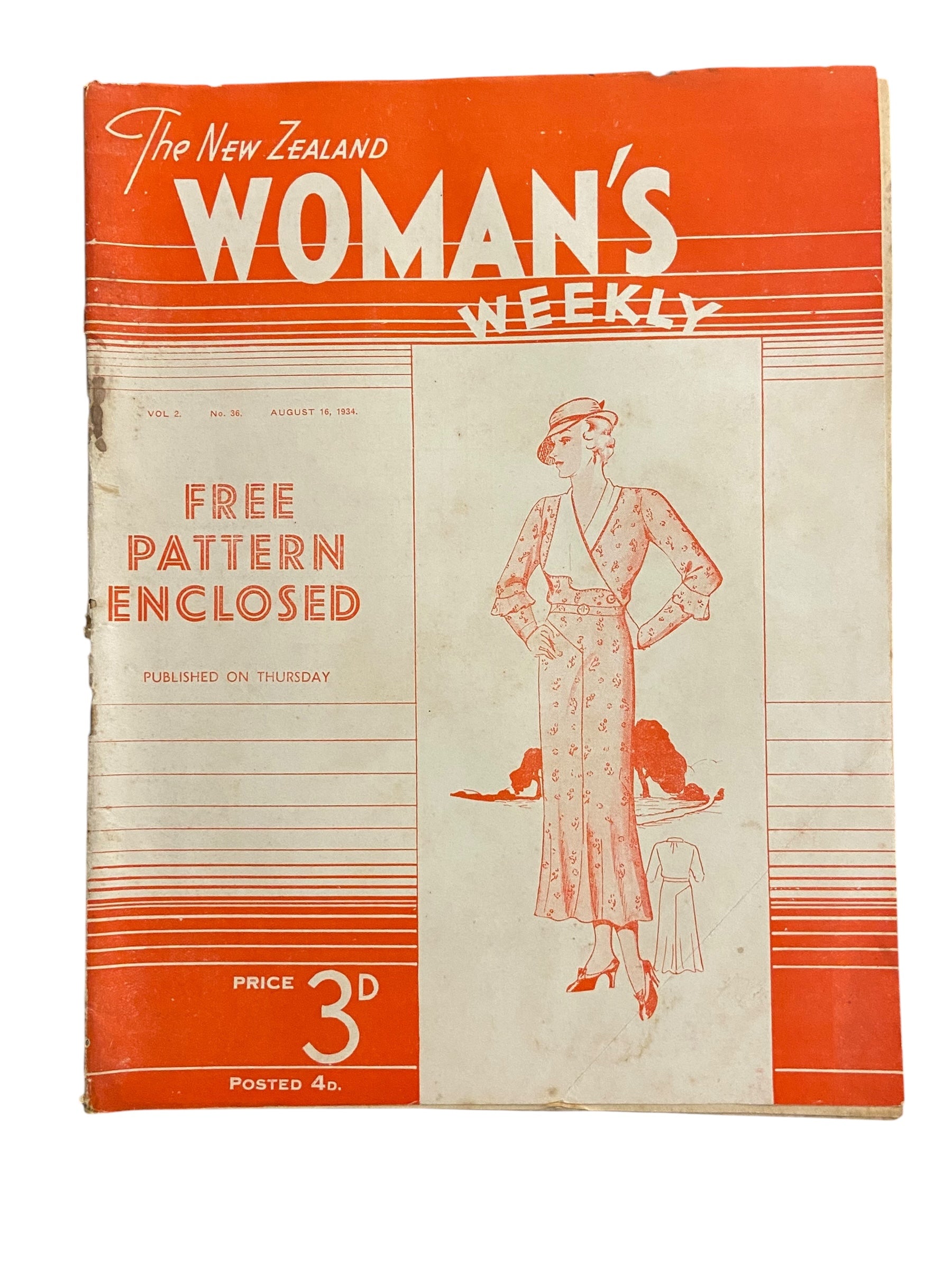 New Zealand Woman’s Weekly August 16 1934 with a sewing pattern, unused, factory folded, ladies frock (attractive frock for the matron), bust 36 inches