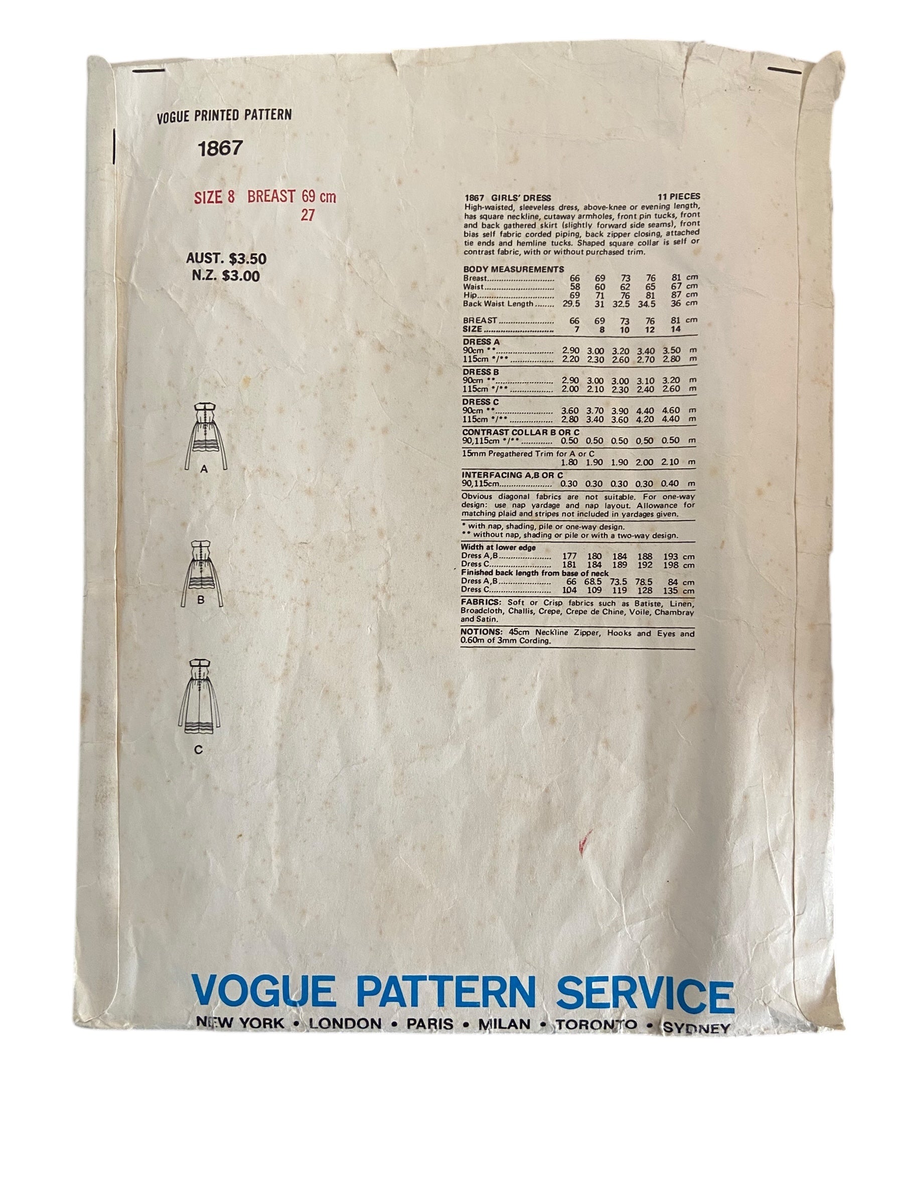 Vogue 1867 Little Vogue vintage 1970s child's dress sewing pattern. Size 8 breast 27 inches