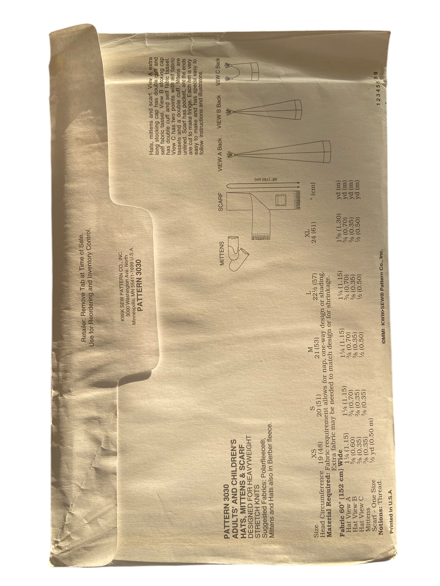Kwik Sew 3030 vintage 1990s children's and adult's hats, scarf and mittens sewing pattern multisize