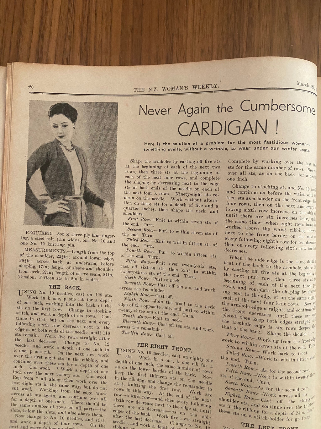 New Zealand Woman’s Weekly  March 29 1934 with a sewing pattern, unused, factory folded, frocks bust 33 inches