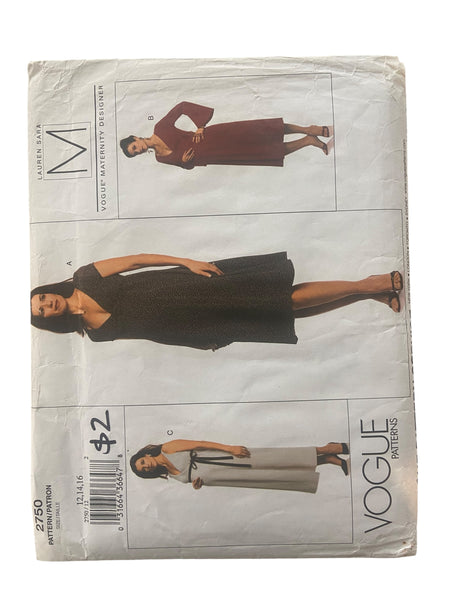 Vogue 2750 Maternity Designer Lauren Sara vintage 1990s maternity dresses sewing pattern Bust 34, 36, 38 inches