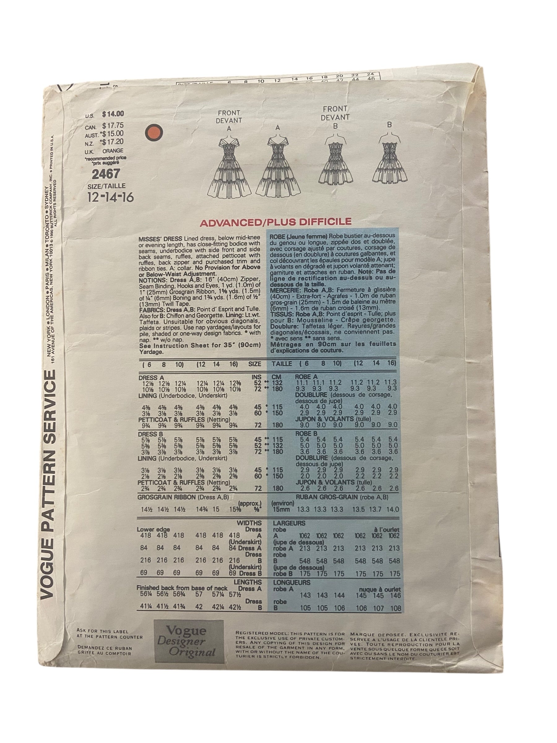 Vogue 2467 Vogue American Designer Bellville Sassoon vintage 1990s dress sewing pattern Bust 34, 36, 38 inches