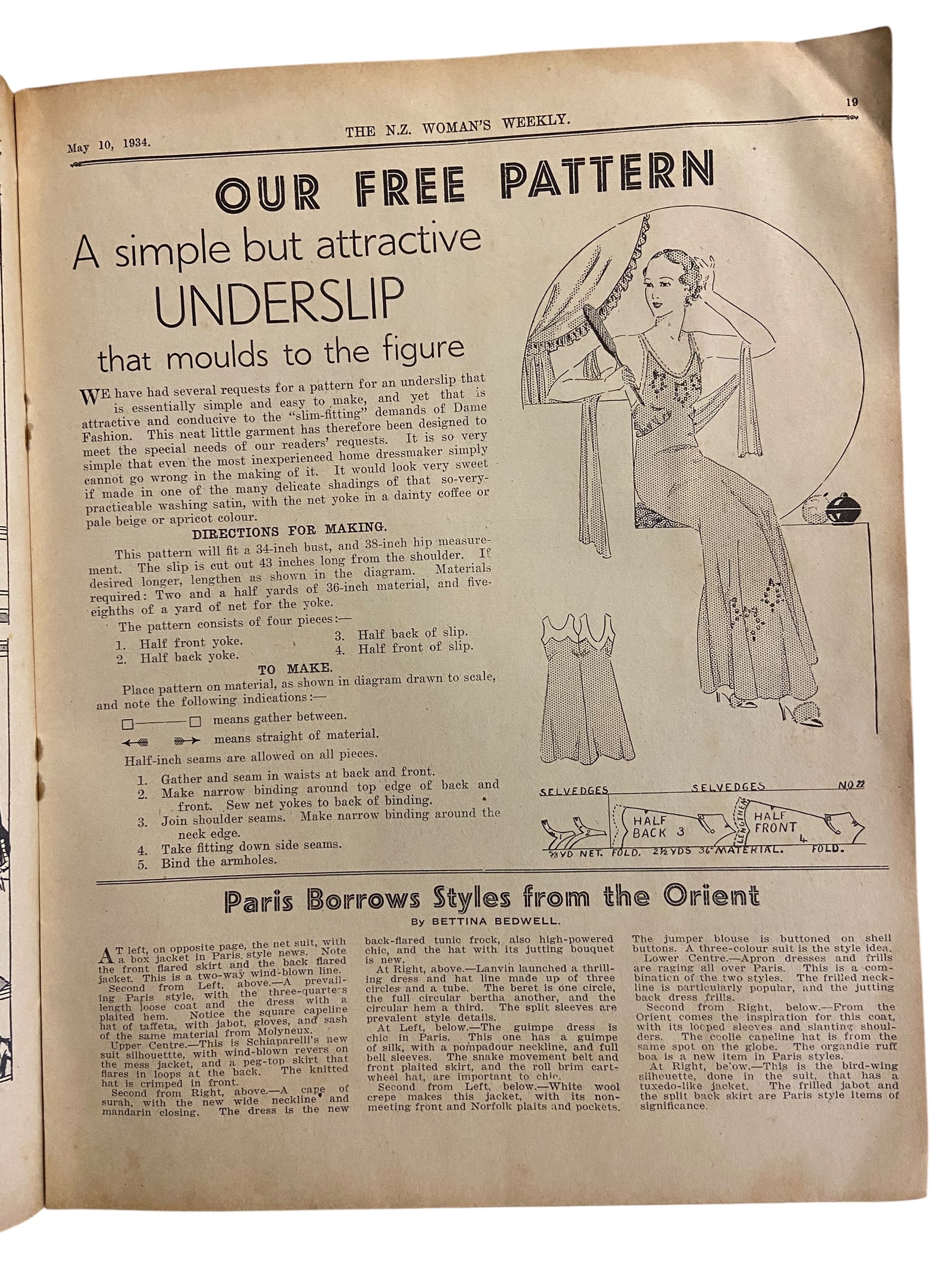 New Zealand Woman’s Weekly  May 10 1934 with a sewing pattern, unused, factory folded, attractive underslip bust 34 inches