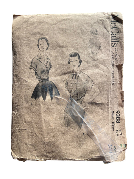 McCall's 9388 vintage 1950s blouse sewing pattern. Bust 38 inches