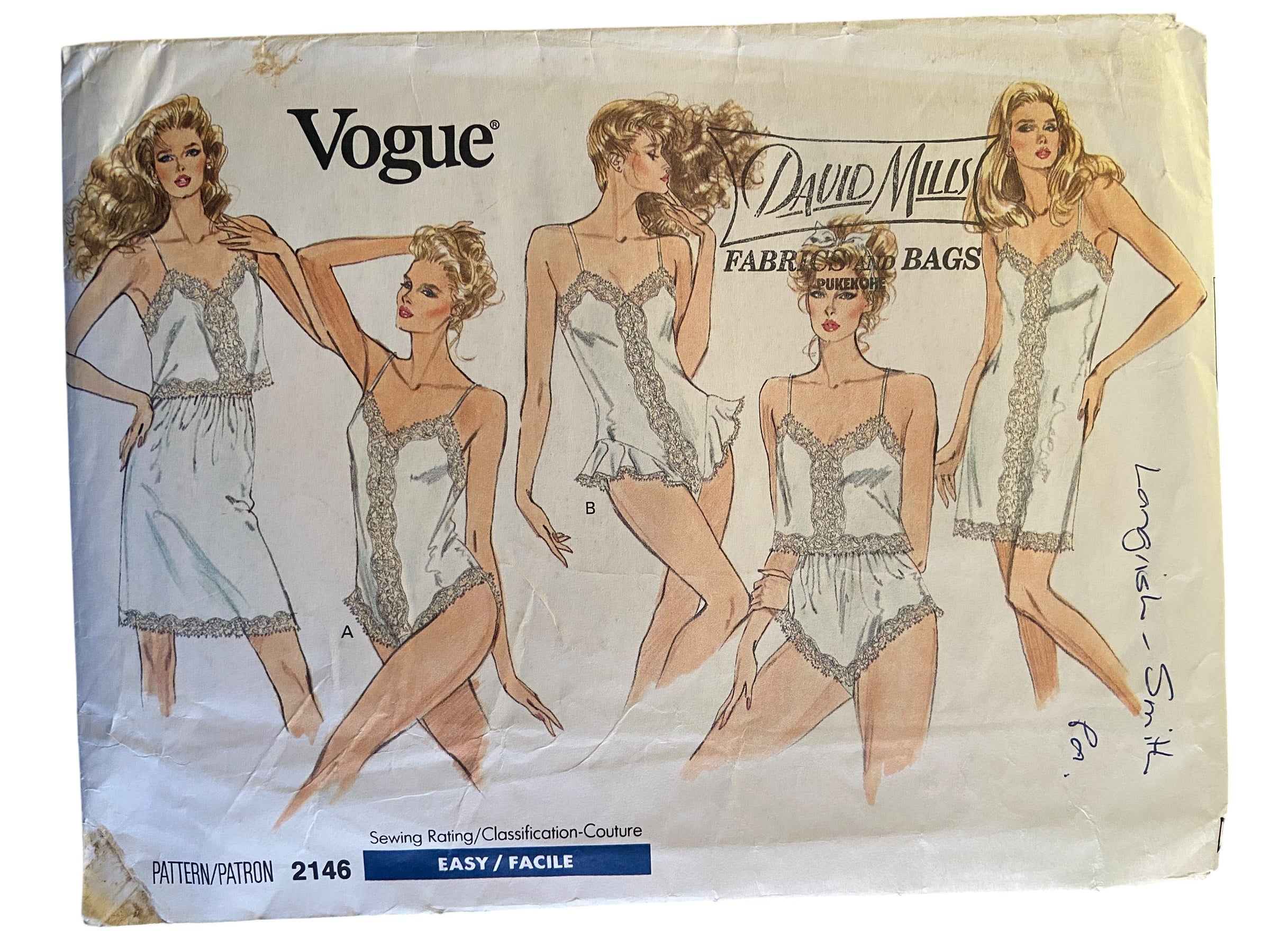 Vogue 2146 vintage 1980s slip, camisole, teddy, half-slip, panties sewing pattern Bust 30.5, 31.5, 32.5, 34, 36 inches