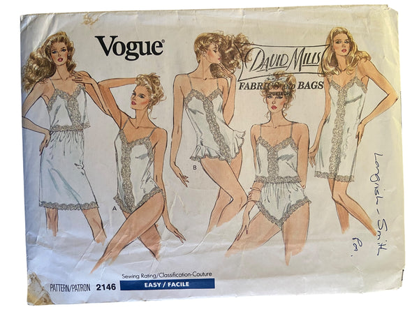 Vogue 2146 vintage 1980s slip, camisole, teddy, half-slip, panties sewing pattern Bust 30.5, 31.5, 32.5, 34, 36 inches