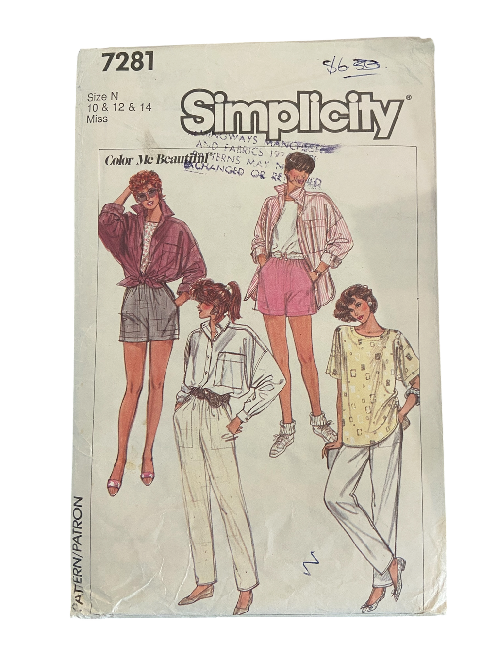 Simplicity 7281 color me beautiful vintage 1980s shirt, top, pants and shorts sewing pattern Bust 32.5, 34, 36 inches
