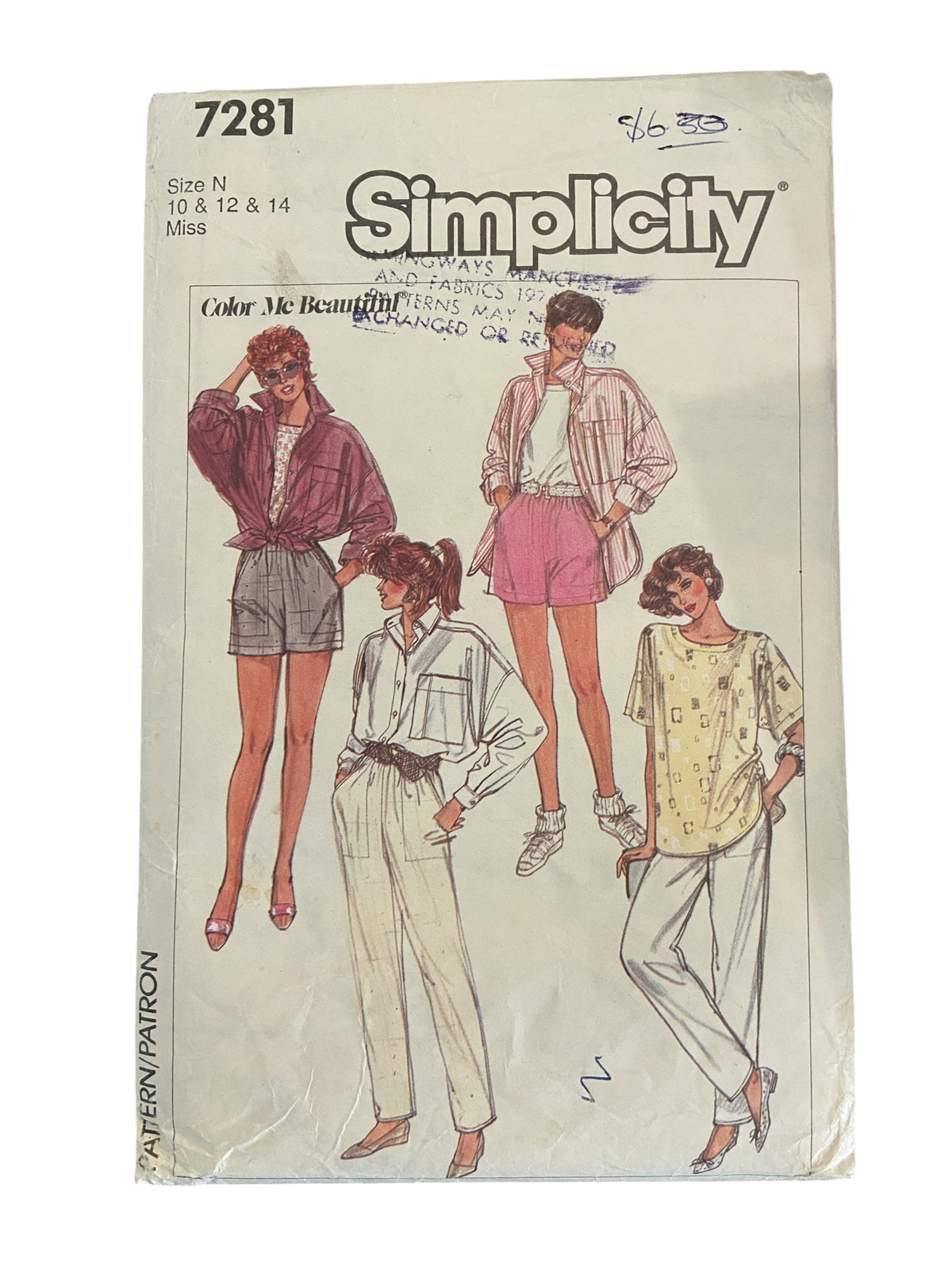 Simplicity 7281 color me beautiful vintage 1980s shirt, top, pants and shorts sewing pattern Bust 32.5, 34, 36 inches