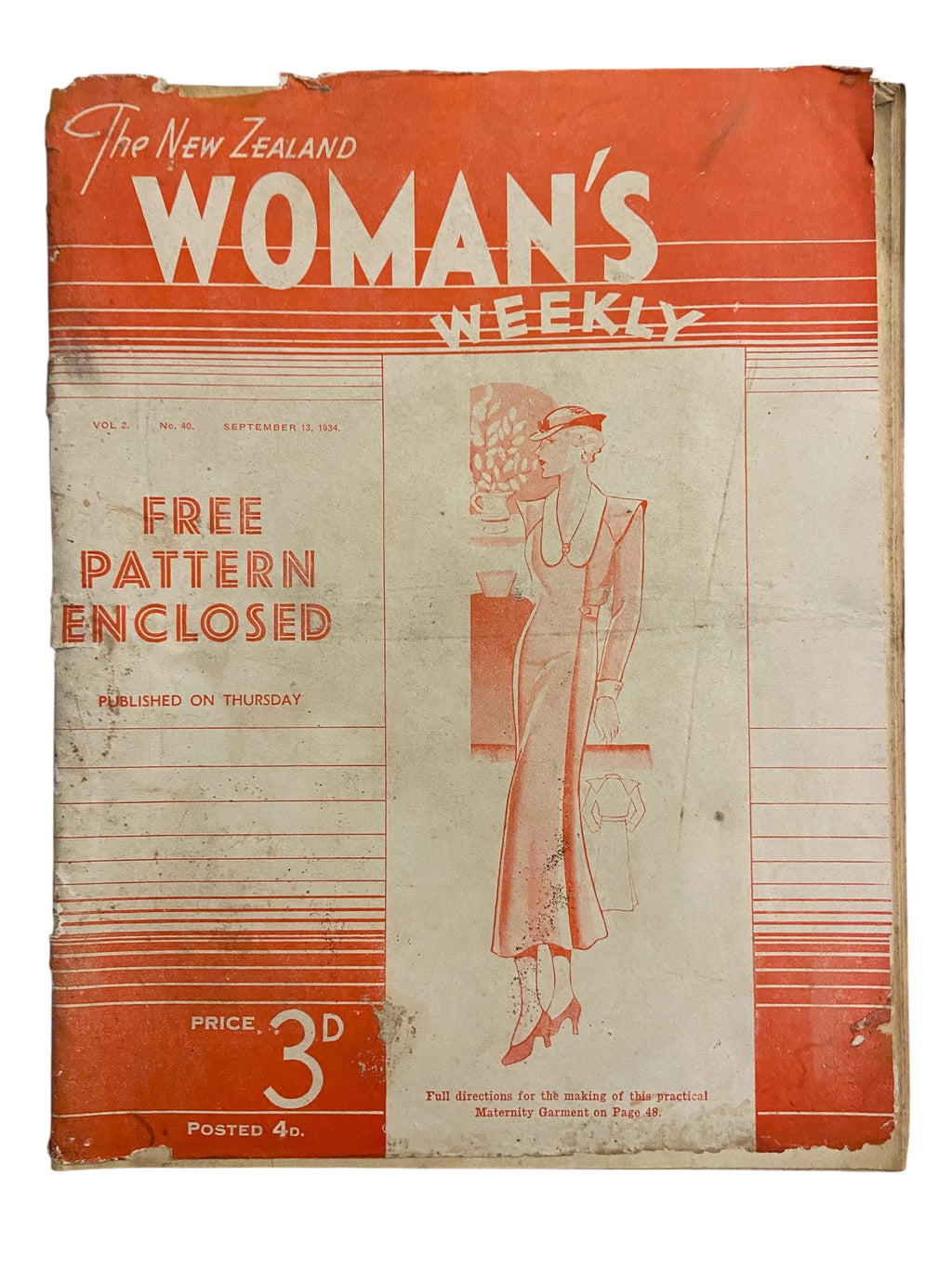 New Zealand Woman’s Weekly September 13 1934 with a sewing pattern, unused, factory folded, ladies maternity frock (attractive and simple maternity frock), bust 36 inches