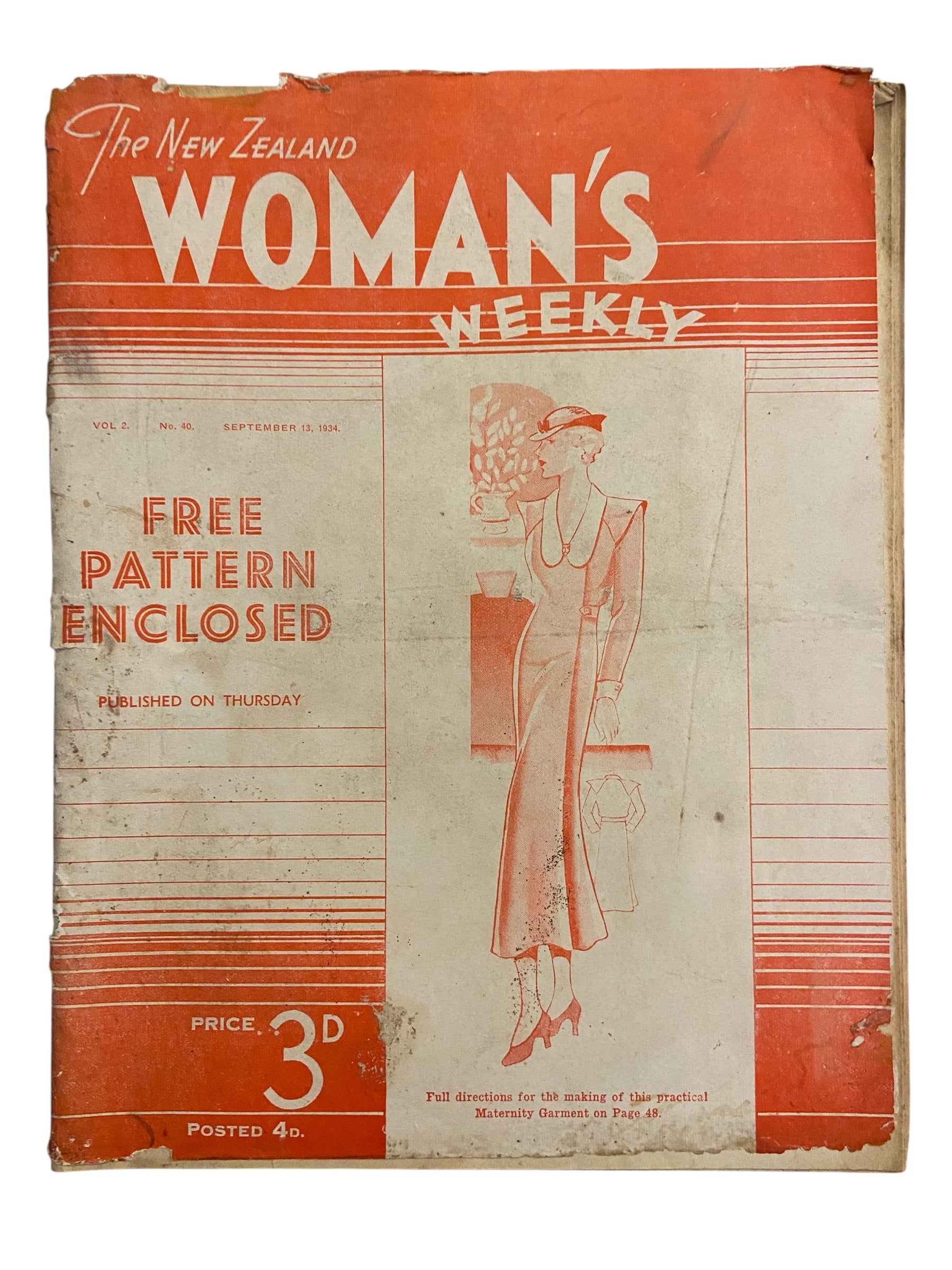 New Zealand Woman’s Weekly September 13 1934 with a sewing pattern, unused, factory folded, ladies maternity frock (attractive and simple maternity frock), bust 36 inches