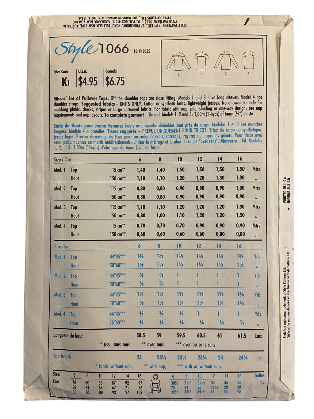 Style 1066 vintage 1980s tops sewing pattern. Bust 31.5, 32.5, 34, 36 inches