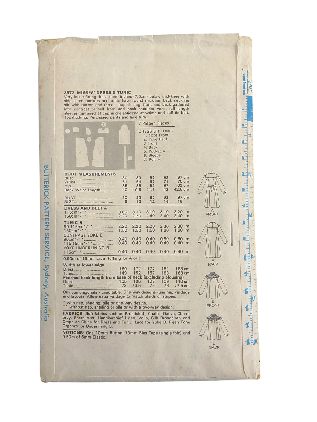 Butterick 3572 vintage 1970s dress and tunic sewing pattern. Bust 36 inches