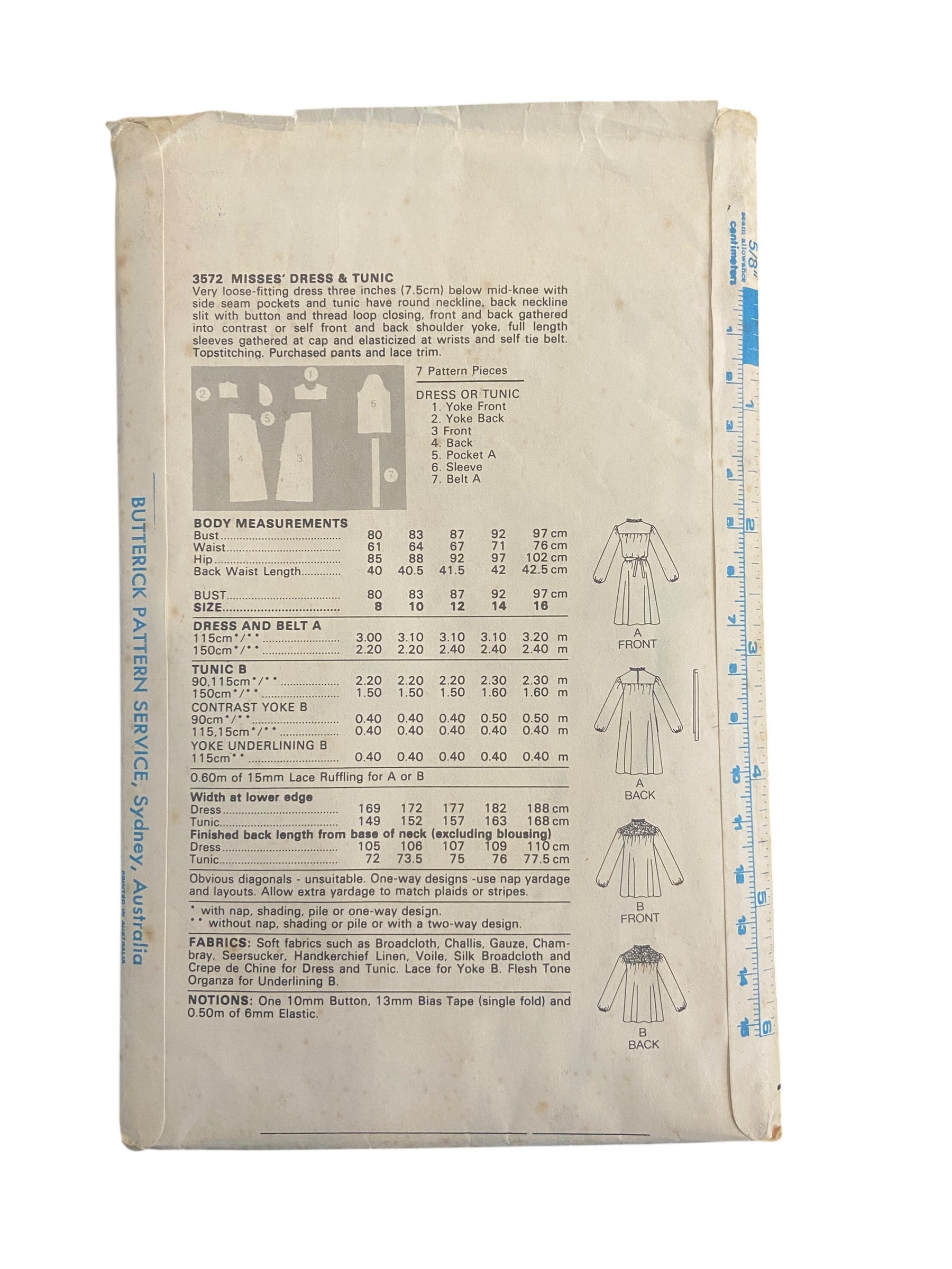 Butterick 3572 vintage 1970s dress and tunic sewing pattern. Bust 36 inches