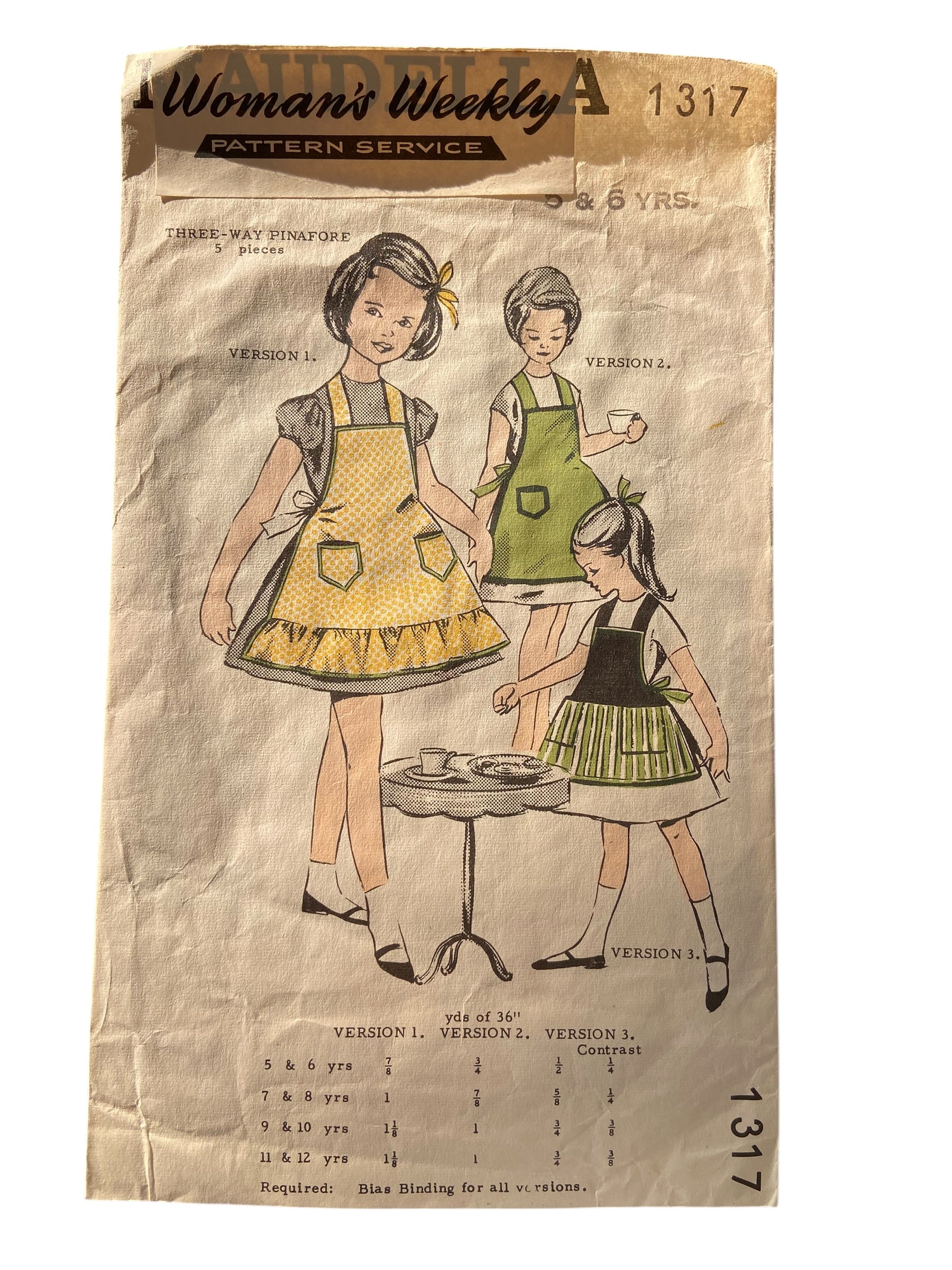 Maudella 1317 rebranded for Woman’s Weekly vintage 1960s children’s apron sewing pattern. Ages 5 and 6 years